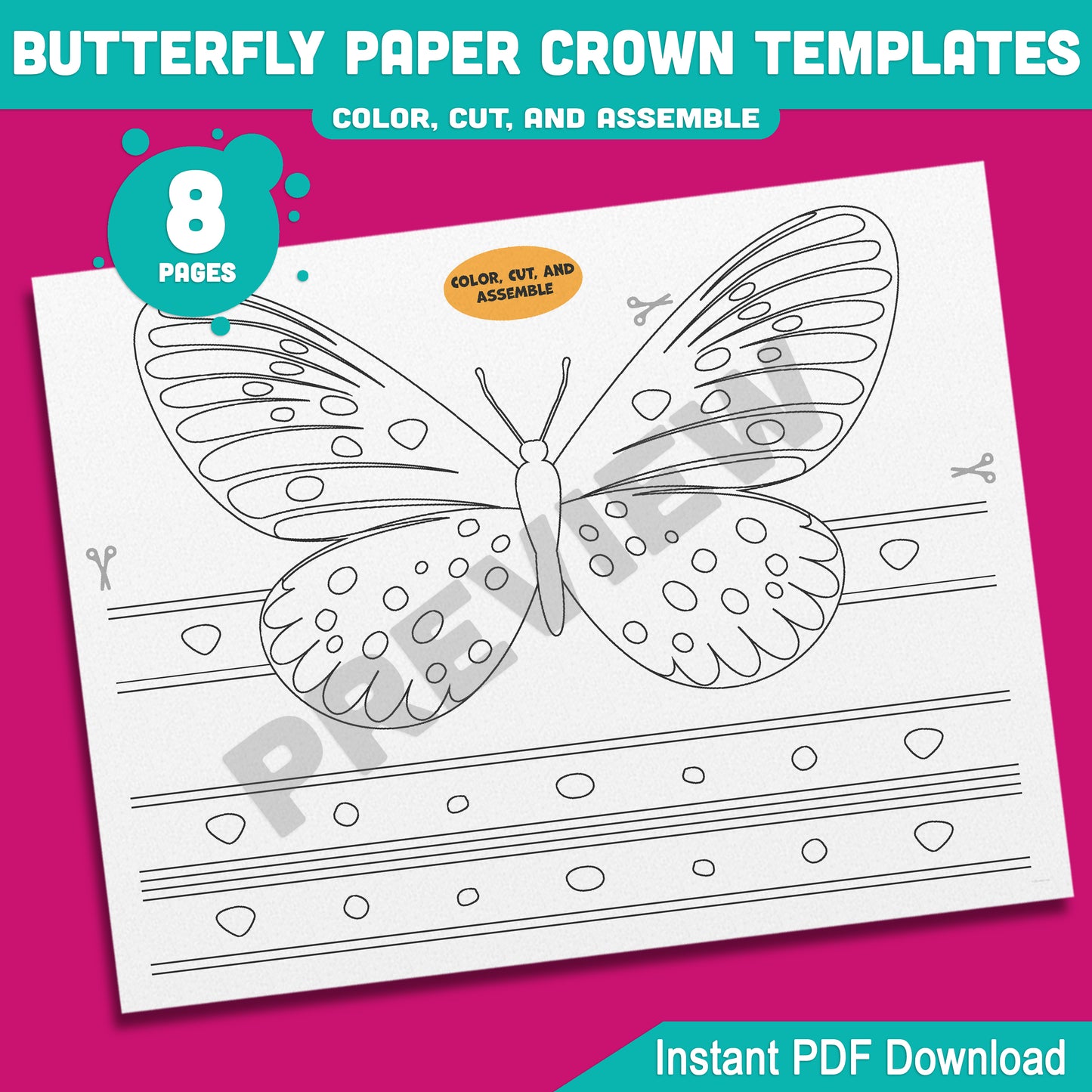 Printable Butterfly Paper Crowns – 4 Adorable Designs for Spring Headband Crafts, Pre-Colored + B&W Versions, 8 Pages for Kids
