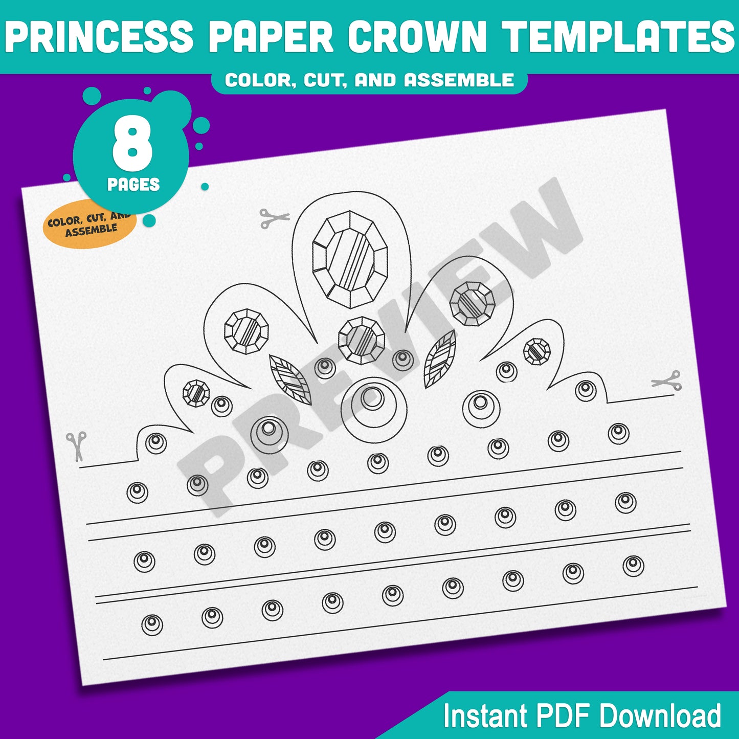 Princess Paper Crowns – 4 Printable Tiara and Royal Hat Designs for Kids, in Color and Black & White, Fun Headband Craft, 8 Pages