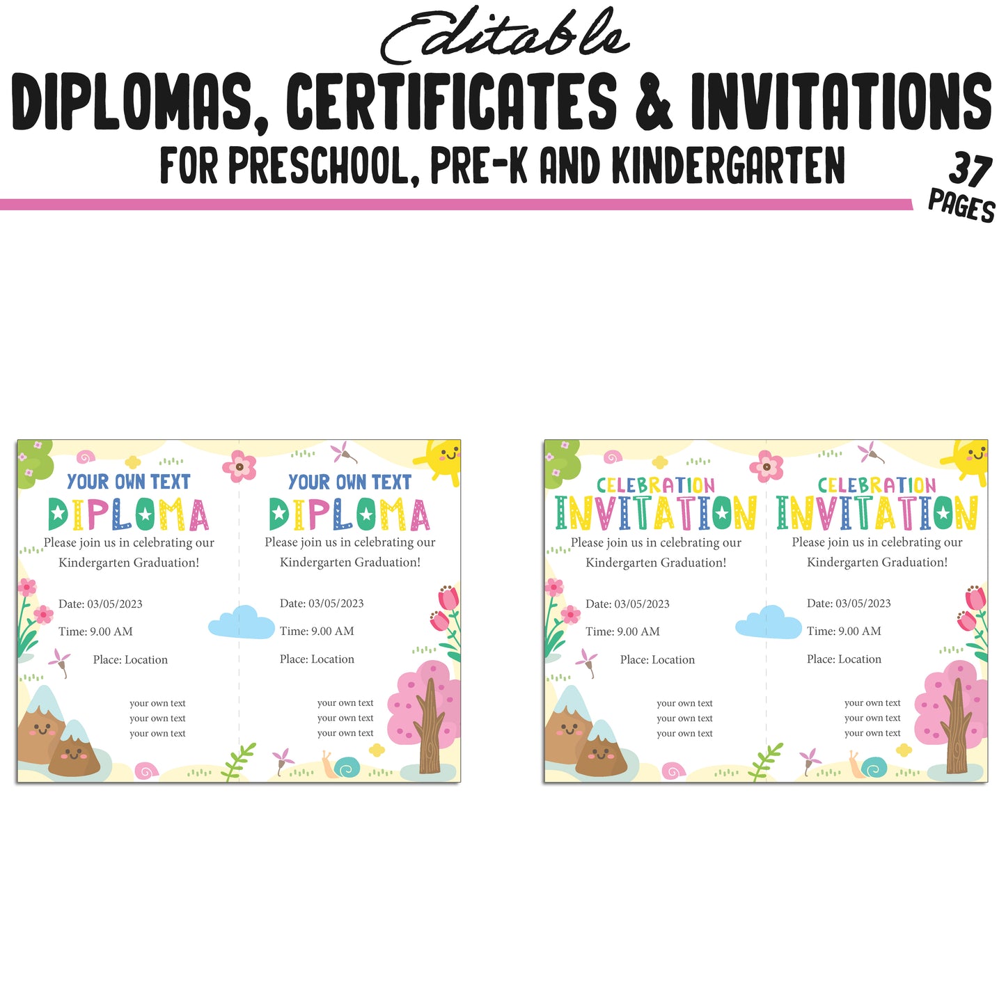 37 Editable Pre-K Certificates, Lovely Nature Themed, Kindergarten, Preschool Diplomas, Certificates, Invitation Templates, Instant Download