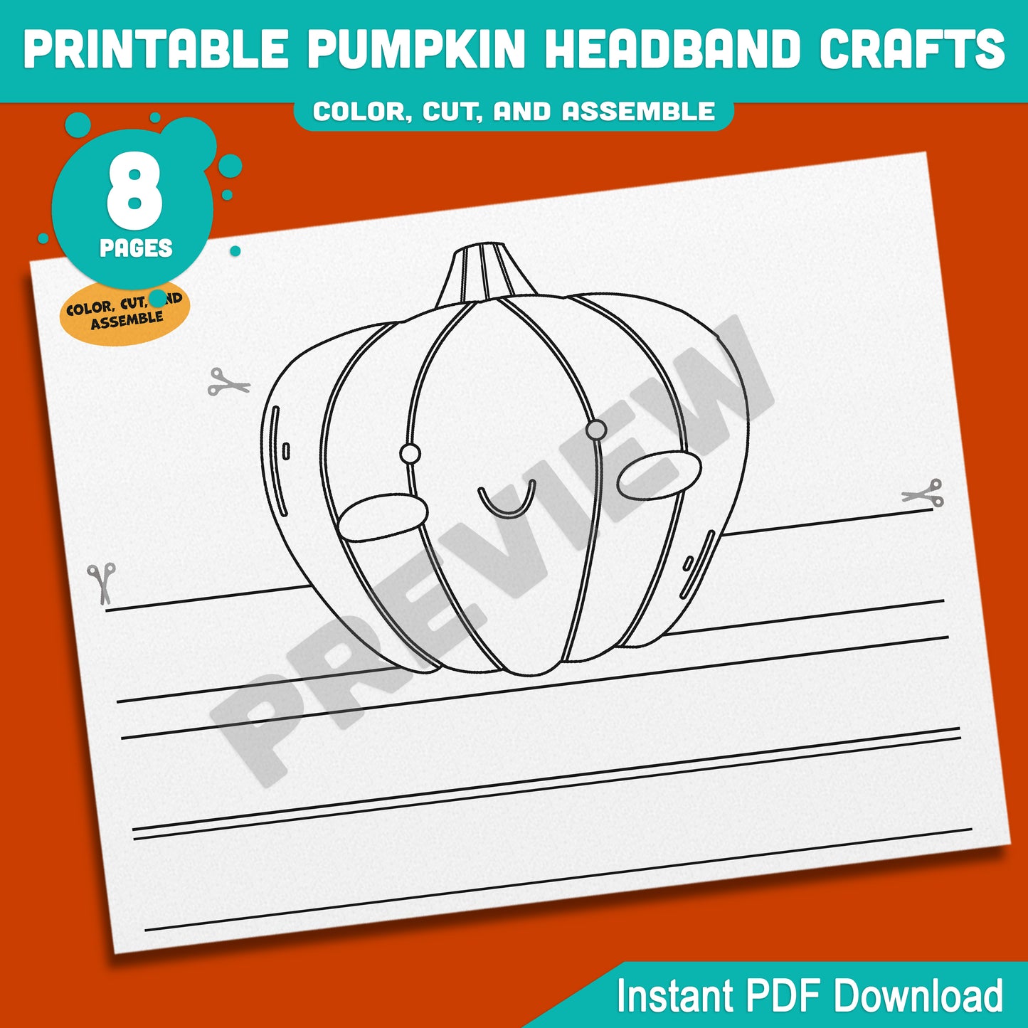 Printable Pumpkin Headband Crafts, Autumn Paper Crown and Hat Coloring Activity, Cut, Color & Wear for Kids, 5 Designs, Pre-colored + Black & White, PDF Download