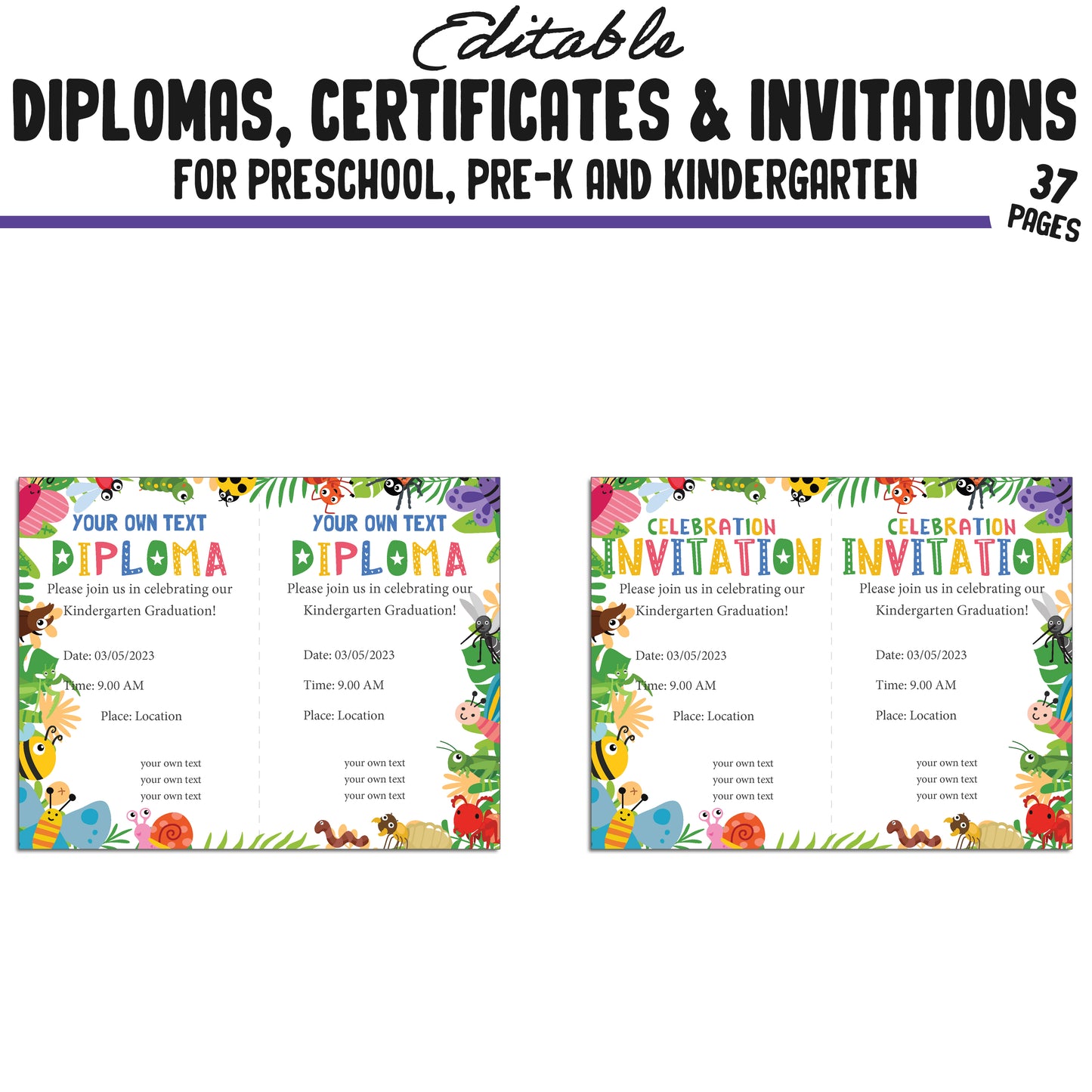 37 Editable Pre-K, Kindergarten, and Preschool Certificates, Diplomas, and Invitation Templates, Cute Insects-Themed, PDF Instant Download.