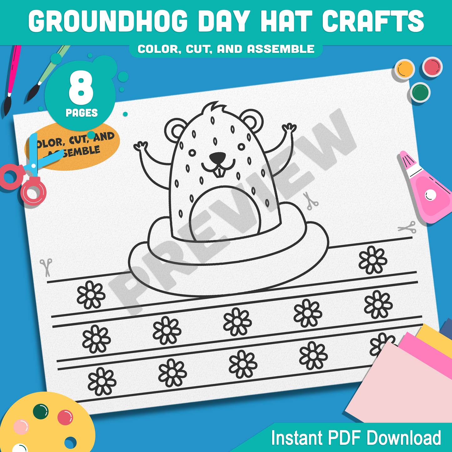 Printable Groundhog Day Hat Templates: 4 Creative Designs for Kids’ Crafts, Color and Black-and-White Versions, Instant PDF File