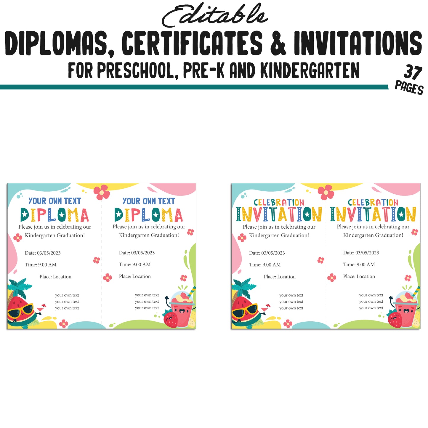37 Summer-Themed Pre-K, Kindergarten, and Preschool Diplomas, Certificates, and Invitation Templates (PDF) - Instant Download