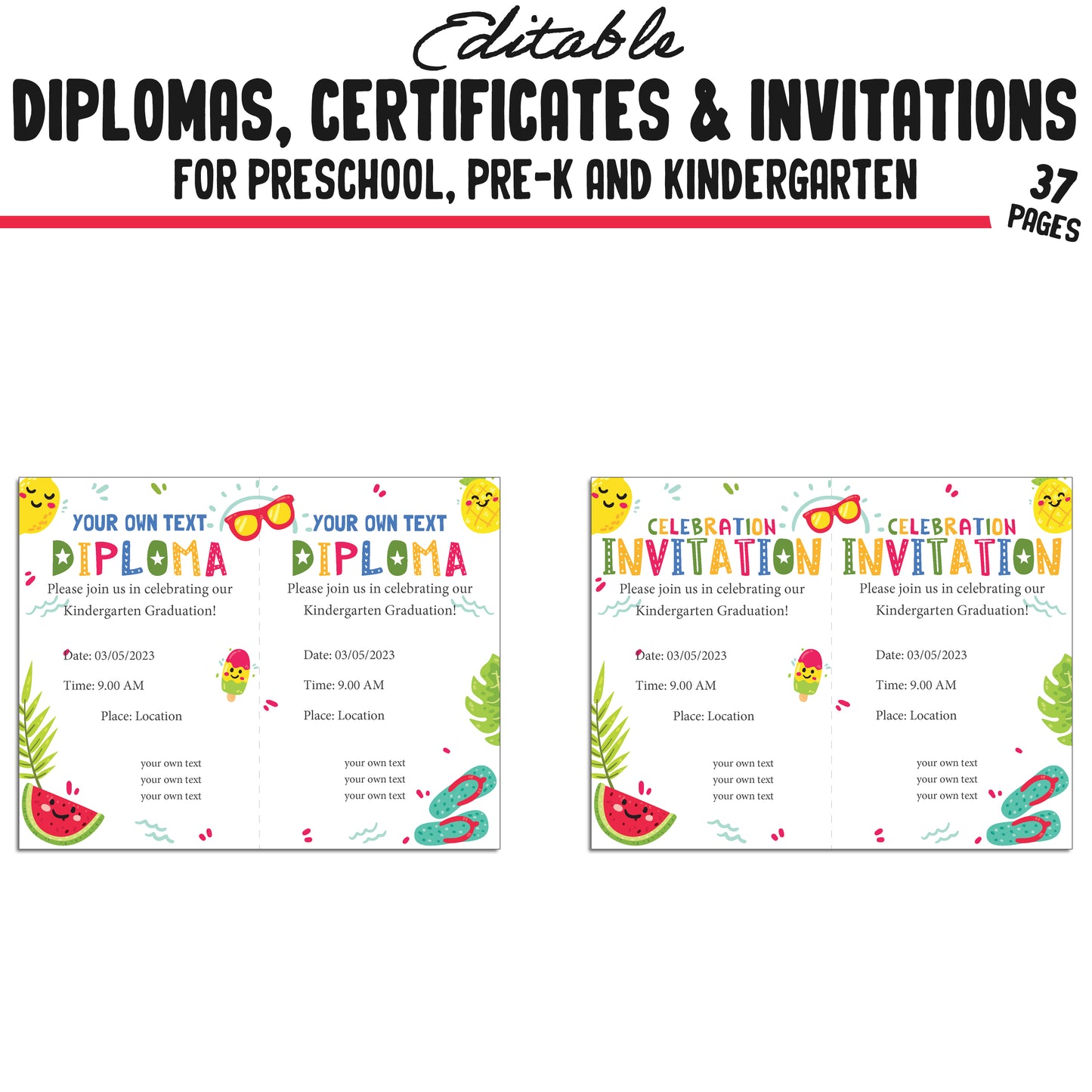Pre-K Diploma Designs, Kindergarten and Preschool Certificates, and Invitation Templates (PDF Files) - 37 Pages, Instant Download