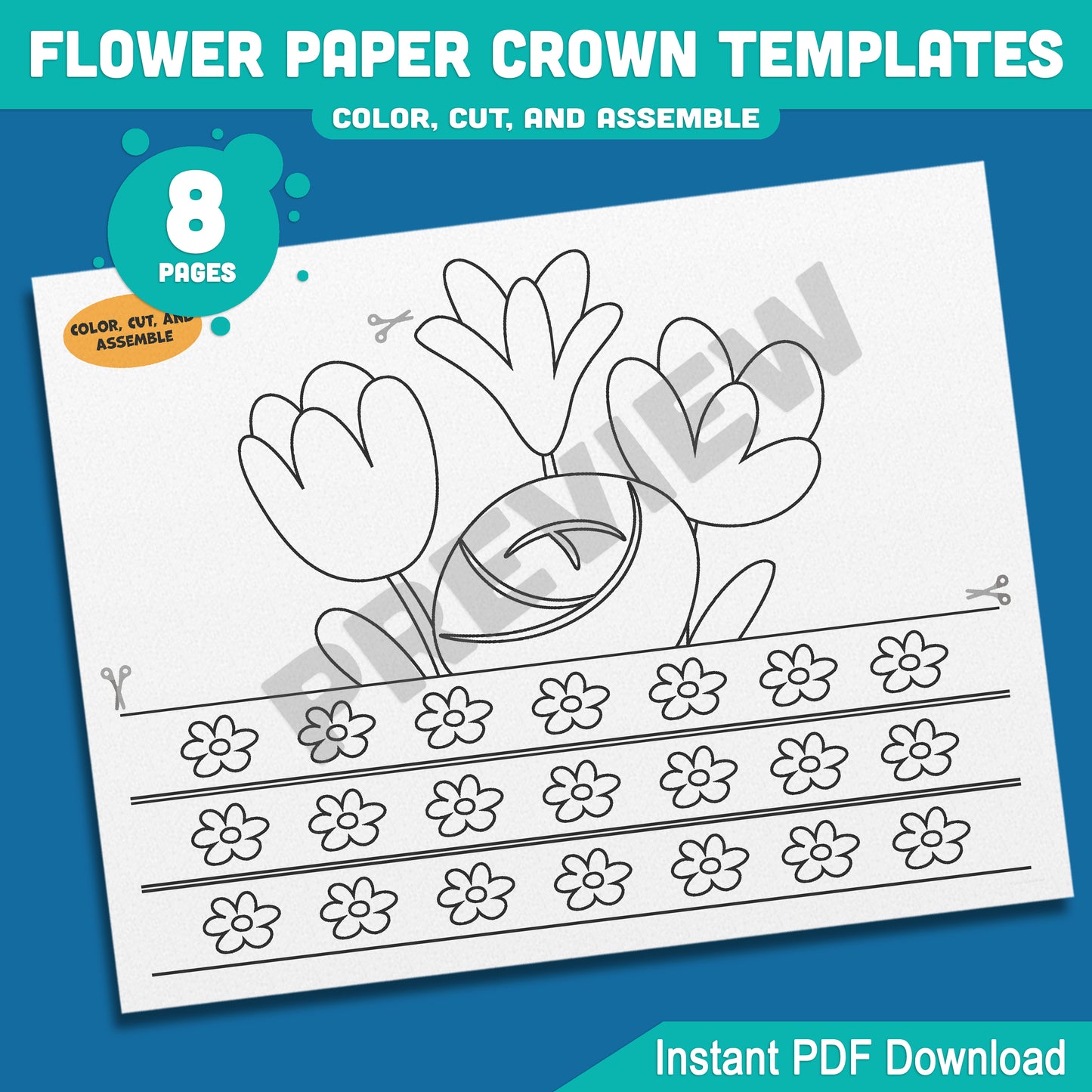 Spring Flower Paper Crown Templates: 4 Cute Hat Designs for Kids in Color and Black & White, Fun Printable Headbands, 8 Pages PDF