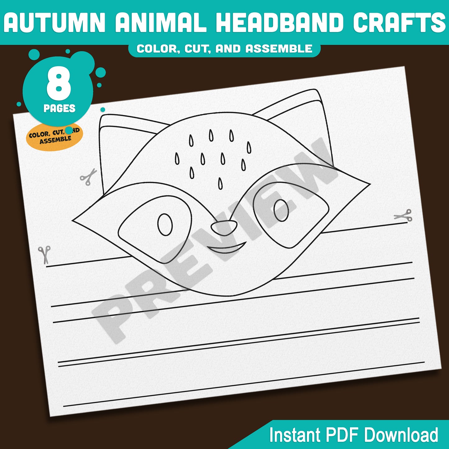 Printable Autumn Animal Headband Crafts, Fall Crown and Paper Hat Activity for Kids, Fun Color, Cut & Wear Craft, 5 Animal Designs, Black & White + Pre-colored, PDF