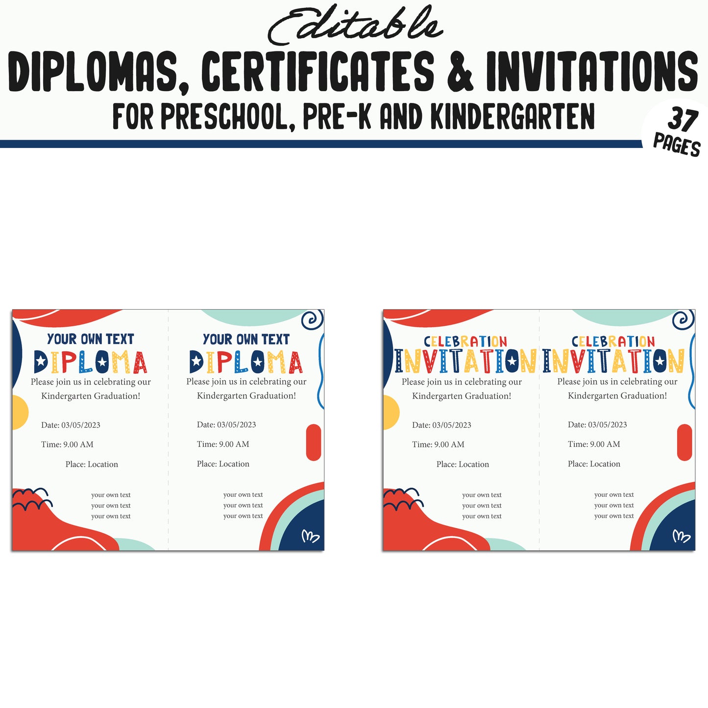 Editable Diplomas, Certificates, and Invitations for Pre-K, Preschool, and Kindergarten β 37 Customizable PDF Pages, Instant Download!