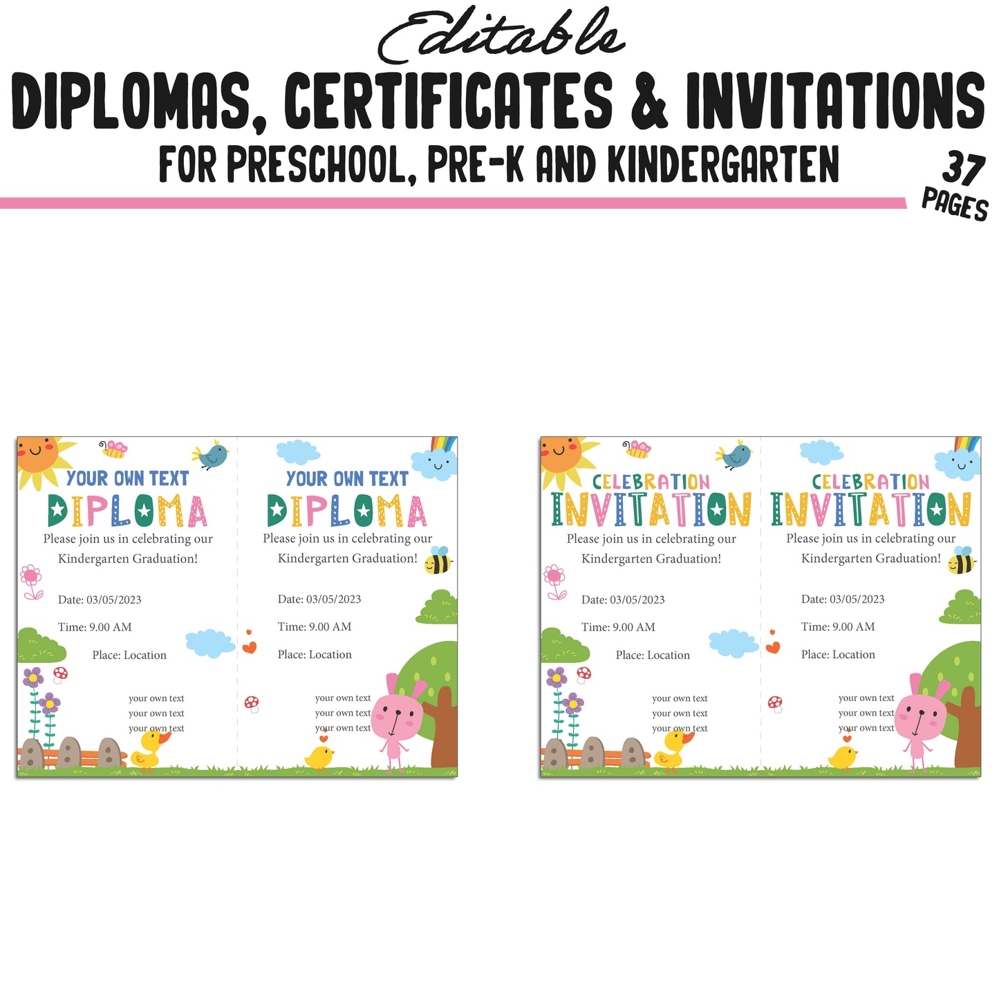 37 Editable Pre-K Completion Certificates, Kindergarten, Preschool Diplomas & Invitation Templates, Cute Spring-Themed, PDF Instant Download