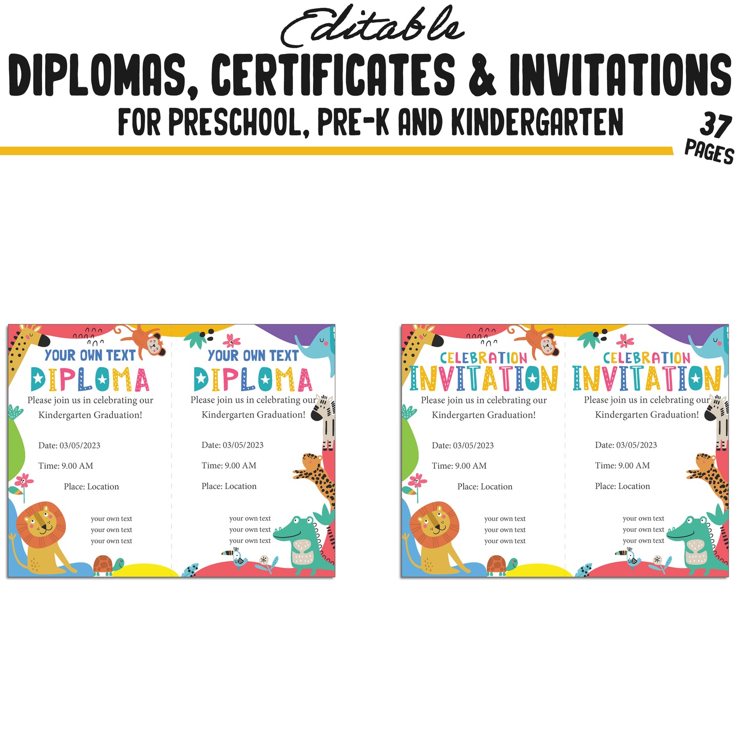 37 Editable Kindergarten Certificates of Recognition, Pre-K, Preschool Diplomas, and Invitations Templates, PDF Files, Instant Download