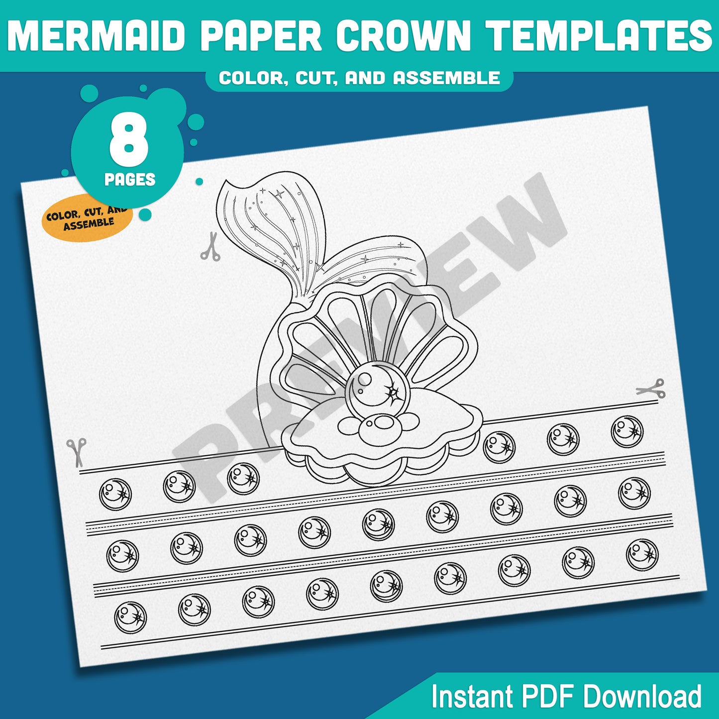 Mermaid Paper Crown, Hat, and Headband Craft for Kids – Fun Printable Designs in Color & Black and White, Instant 8-Page PDF Download