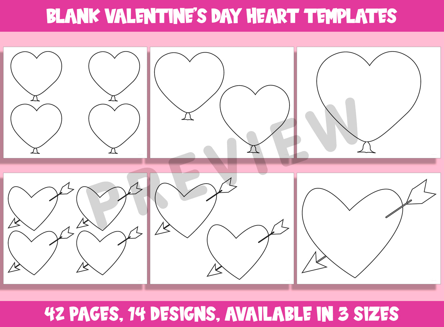 Blank Valentine's Day Heart Templates, Coloring Clipart Bundle, 42 Pages, 14 Designs, Available in 3 Sizes, PDF File, Instant Download