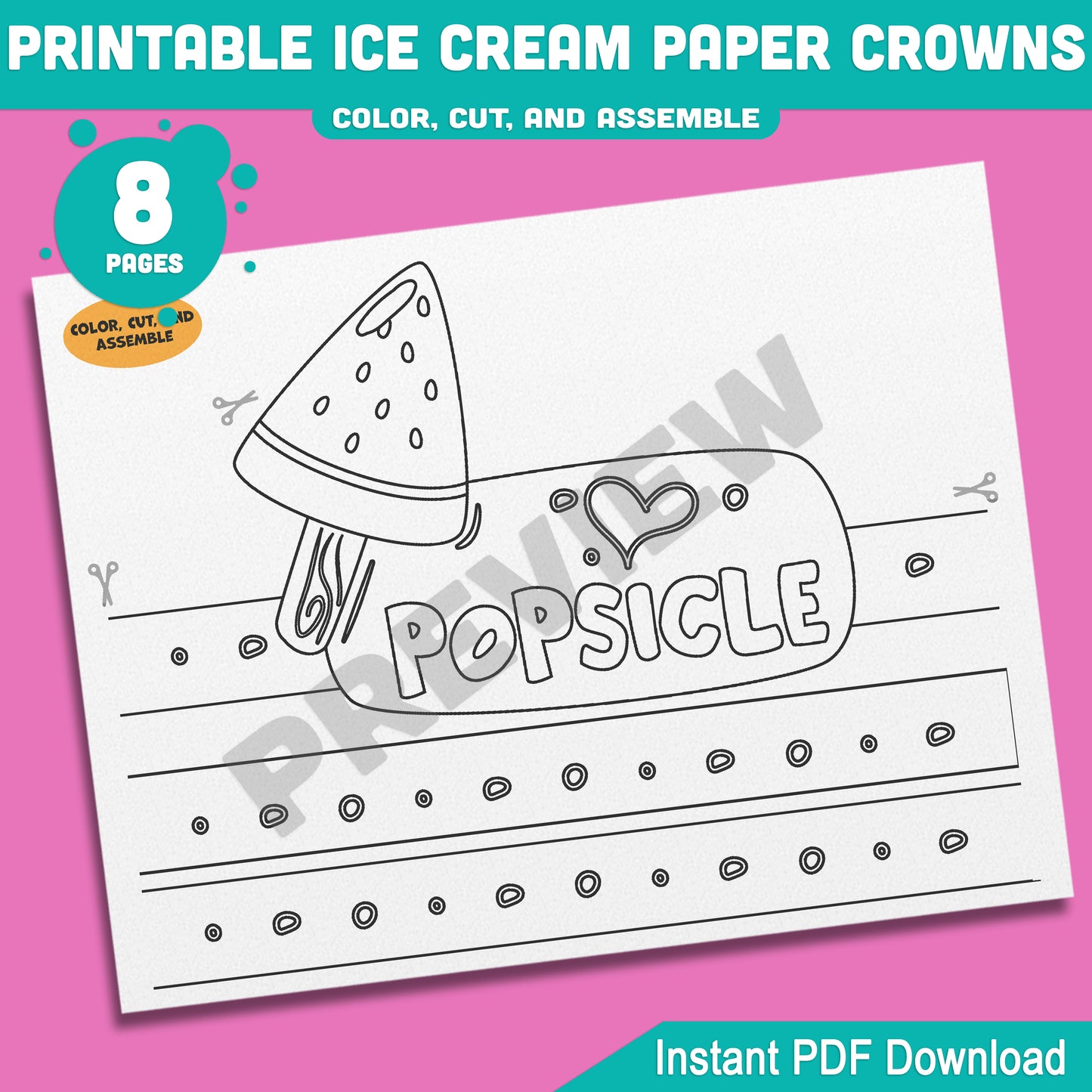 Ice Cream Crown Headbands & Hats for Summer Fun – Printable Kids Activity, 4 Cute Designs, Pre-Colored + Black & White, 8 Pages PDF