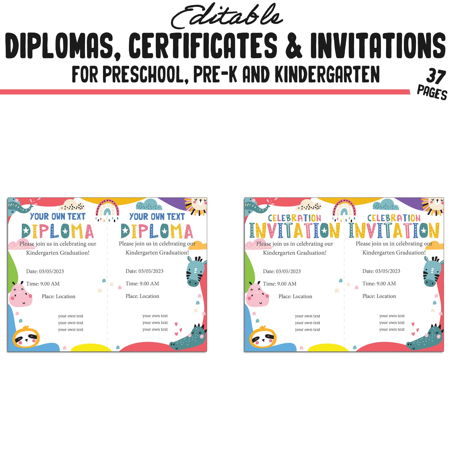 Editable Kindergarten, Pre-K, and Preschool Completion Certificates, Diplomas & Invitations Backgrounds, PDF Files, Instant Download
