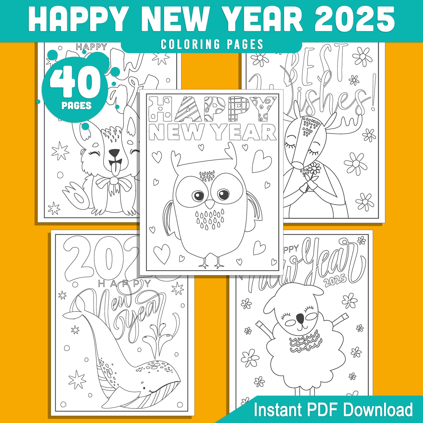 Kids' 2025 New Year Coloring Pages: 40 Funny Animal Prints for Holiday Fun, Creative Printable Activities, PDF Instant Download