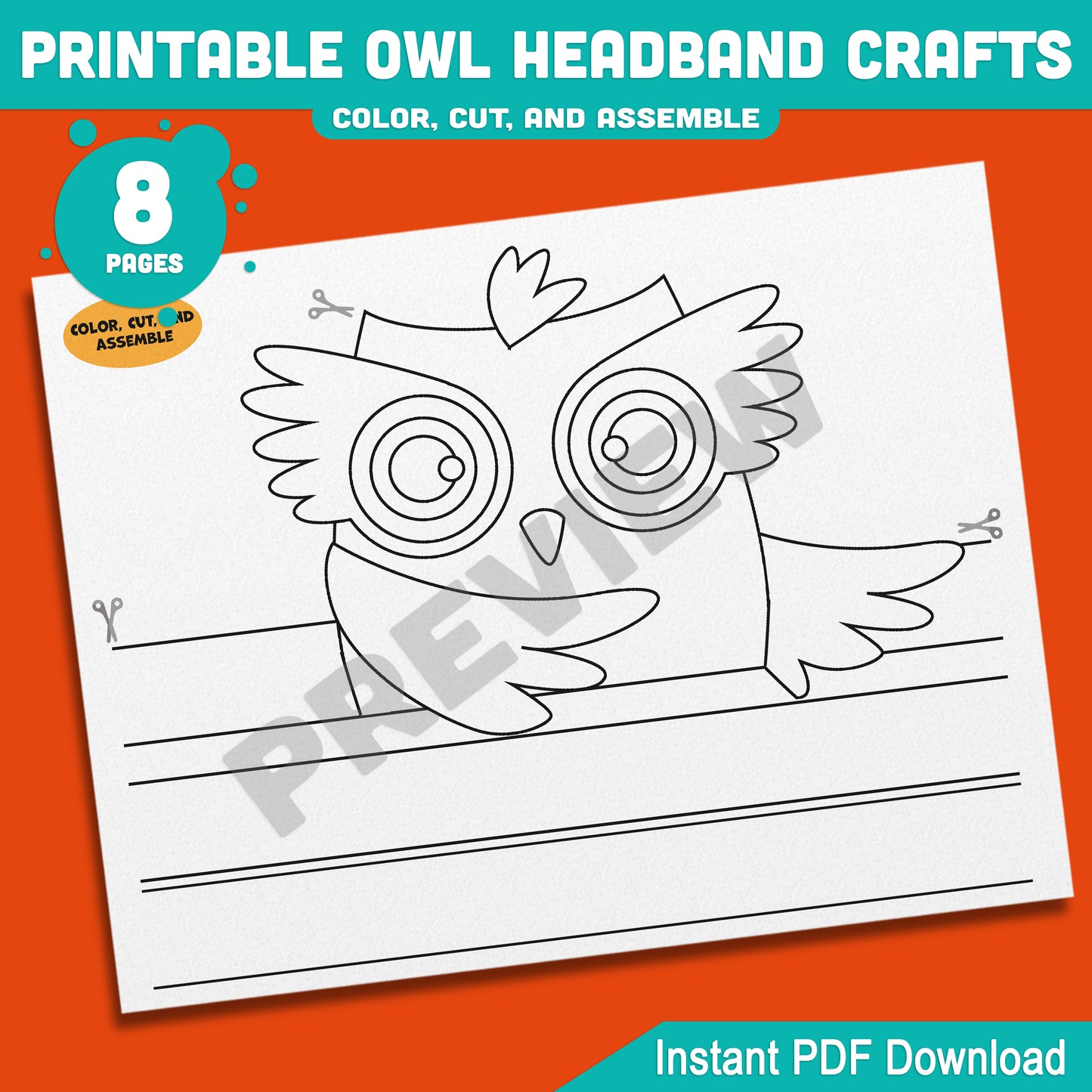 Printable Owl Headband Crafts, Autumn Paper Crown Hat Activity, Fun Cut, Color & Assemble Craft for Kids, 5 Owl Designs, Pre-colored + Black & White, PDF Download