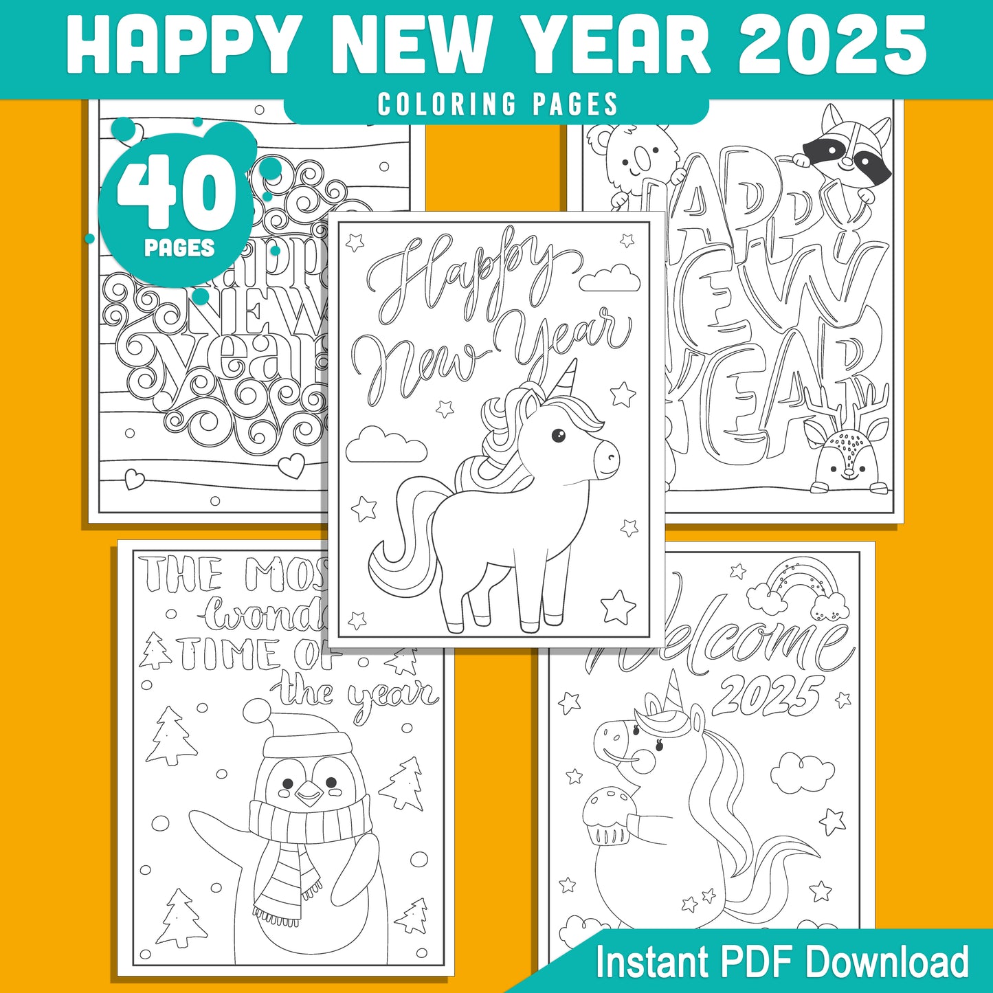 Kids' 2025 New Year Coloring Pages: 40 Funny Animal Prints for Holiday Fun, Creative Printable Activities, PDF Instant Download