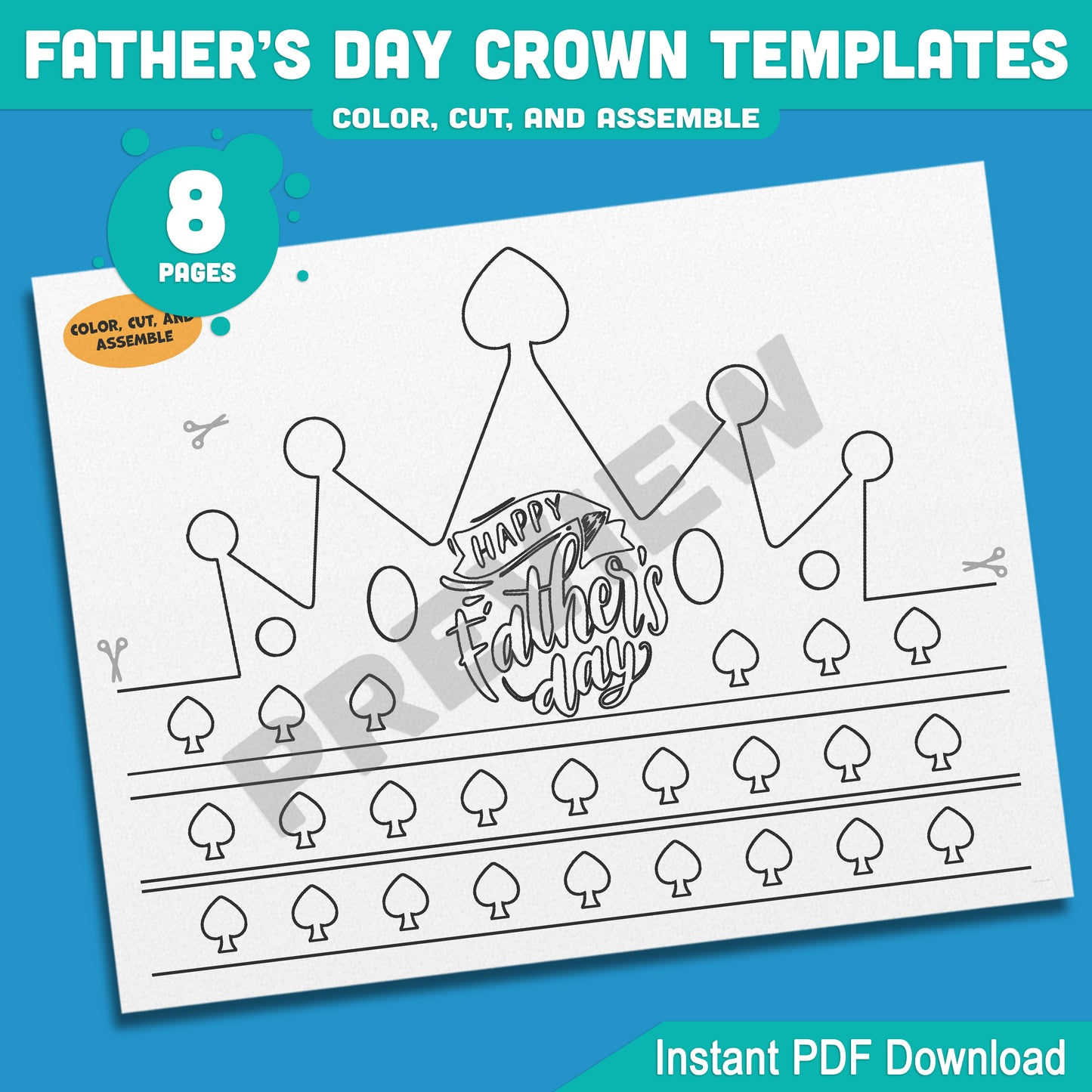 Celebrate Dad with Father’s Day Crown Templates – 4 Fun Designs for Kids, Pre-Colored + B&W, Great Gift Activity, 8 Pages PDF Download