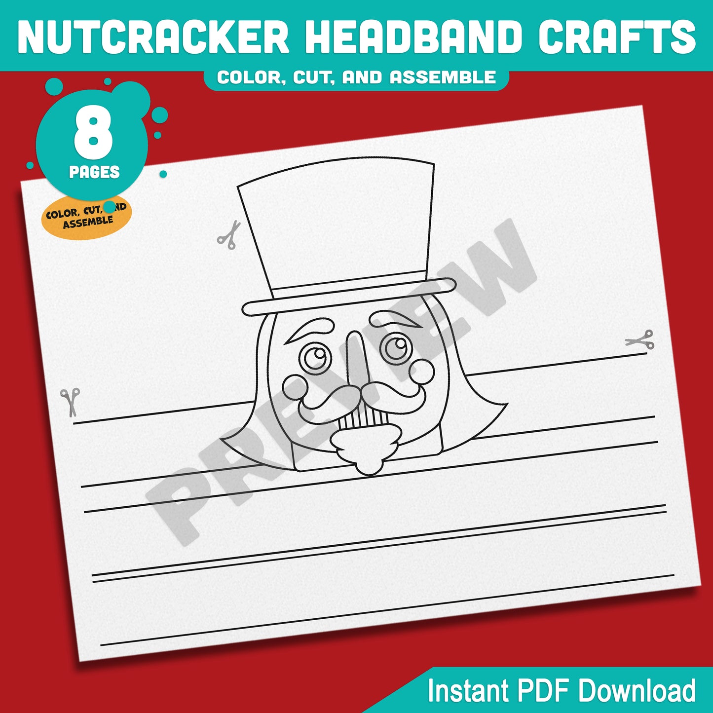 Printable Nutcracker Headband Crafts, Christmas Hat and Paper Crown Activity, Cut, Color & Assemble, Holiday Craft for Kids, 4 Fun Designs, Pre-color + Black & White PDF