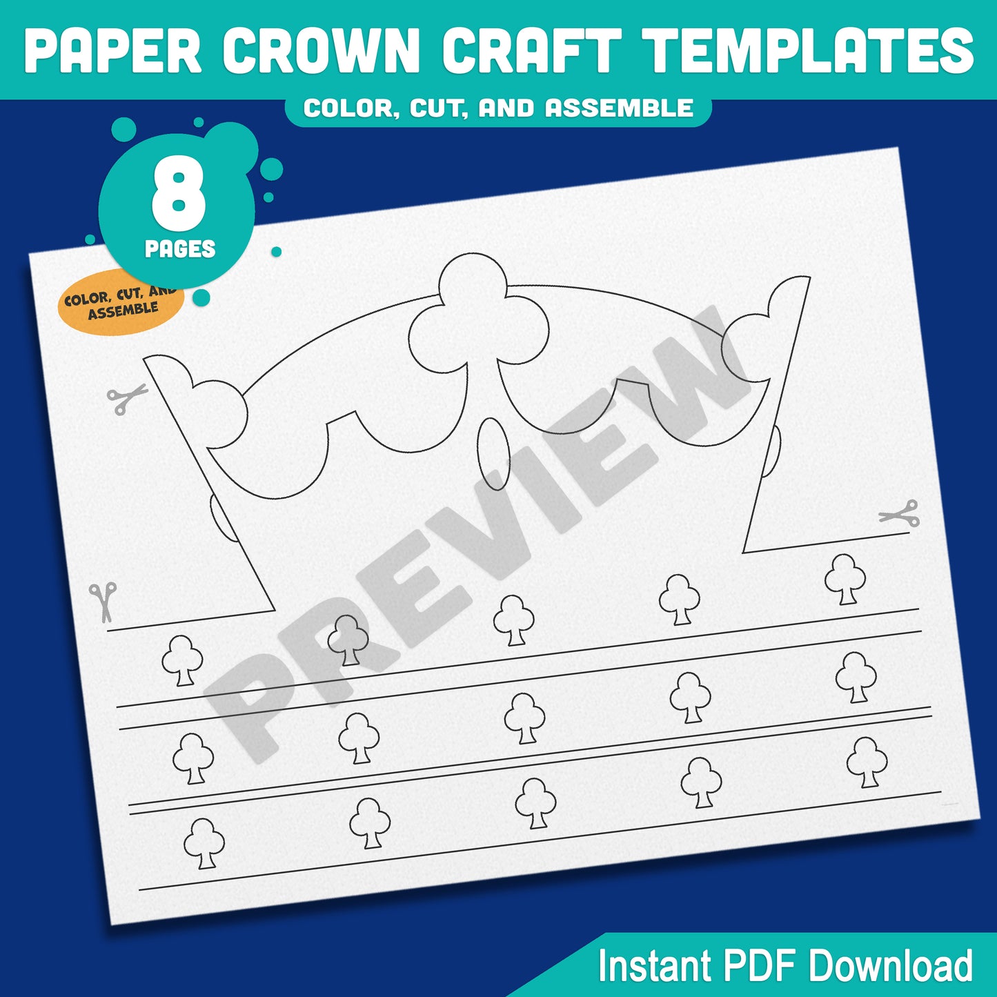 King and Queen Paper Crowns – 4 Fun Royal Headband Templates to Print, Color, Cut & Wear, Includes B&W and Color, 8 Pages, PDF Format