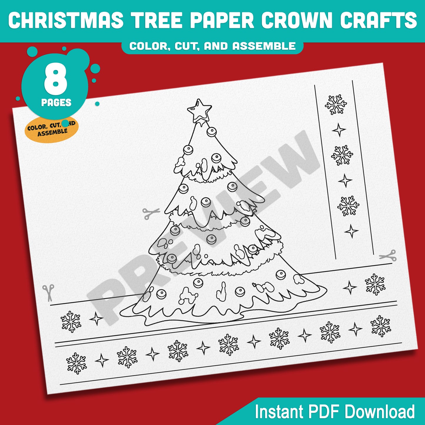 Printable Christmas Tree Paper Crown Crafts, Coloring Hat and Headband for Winter Fun, Holiday Party Paper Hat, 4 Designs, Pre-color + Black & White, PDF Download