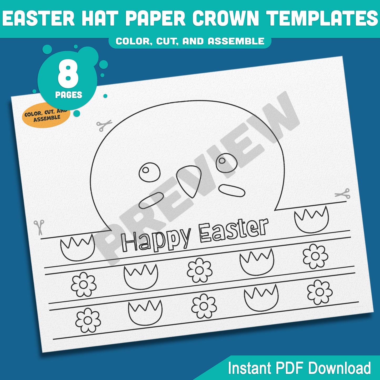 DIY Easter Hat Paper Crown, 8-Page Printable Kids Craft with 4 Fun Headband Designs, Bunny & Chick Theme, Pre-Colored & Coloring Options.