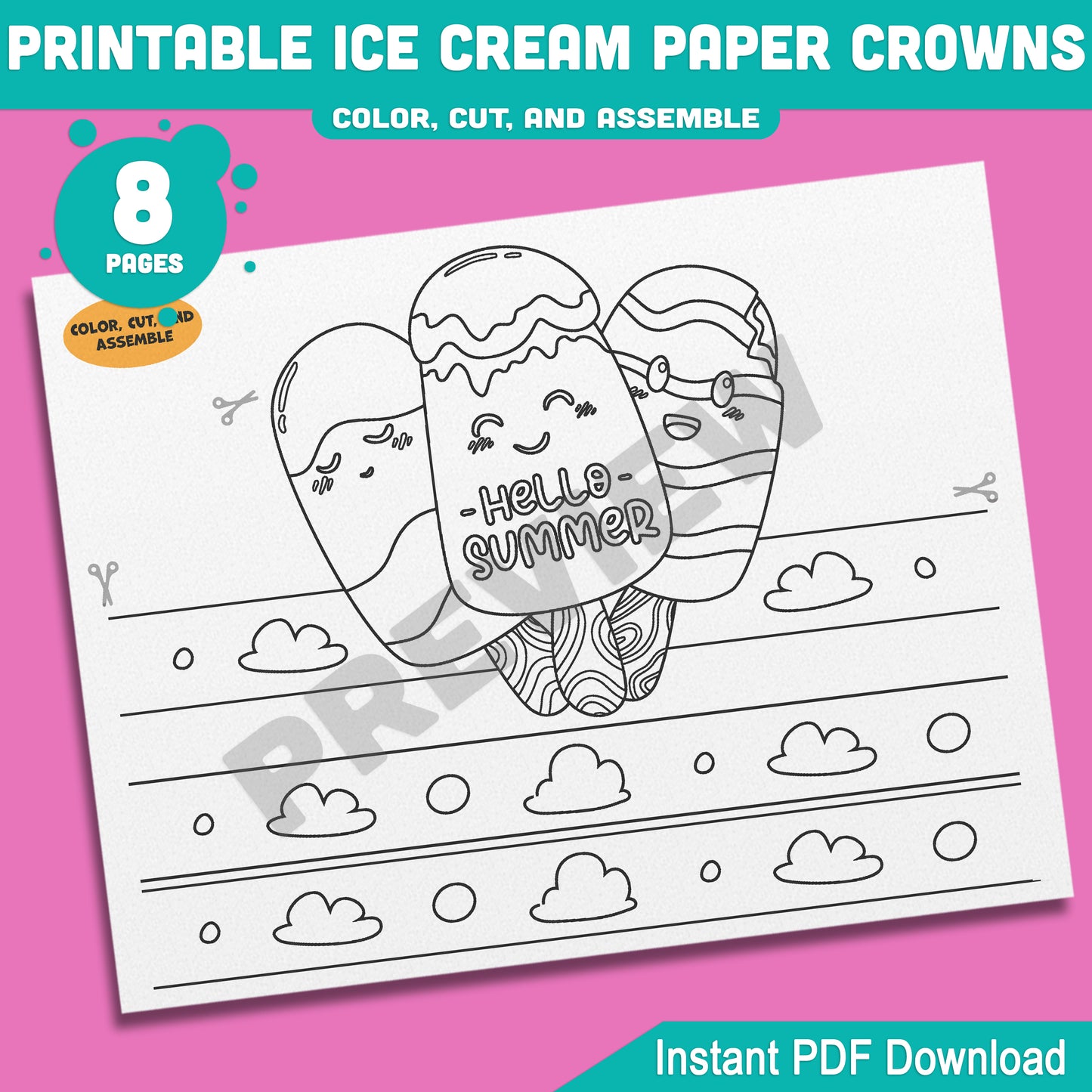 Ice Cream Crown Headbands & Hats for Summer Fun – Printable Kids Activity, 4 Cute Designs, Pre-Colored + Black & White, 8 Pages PDF