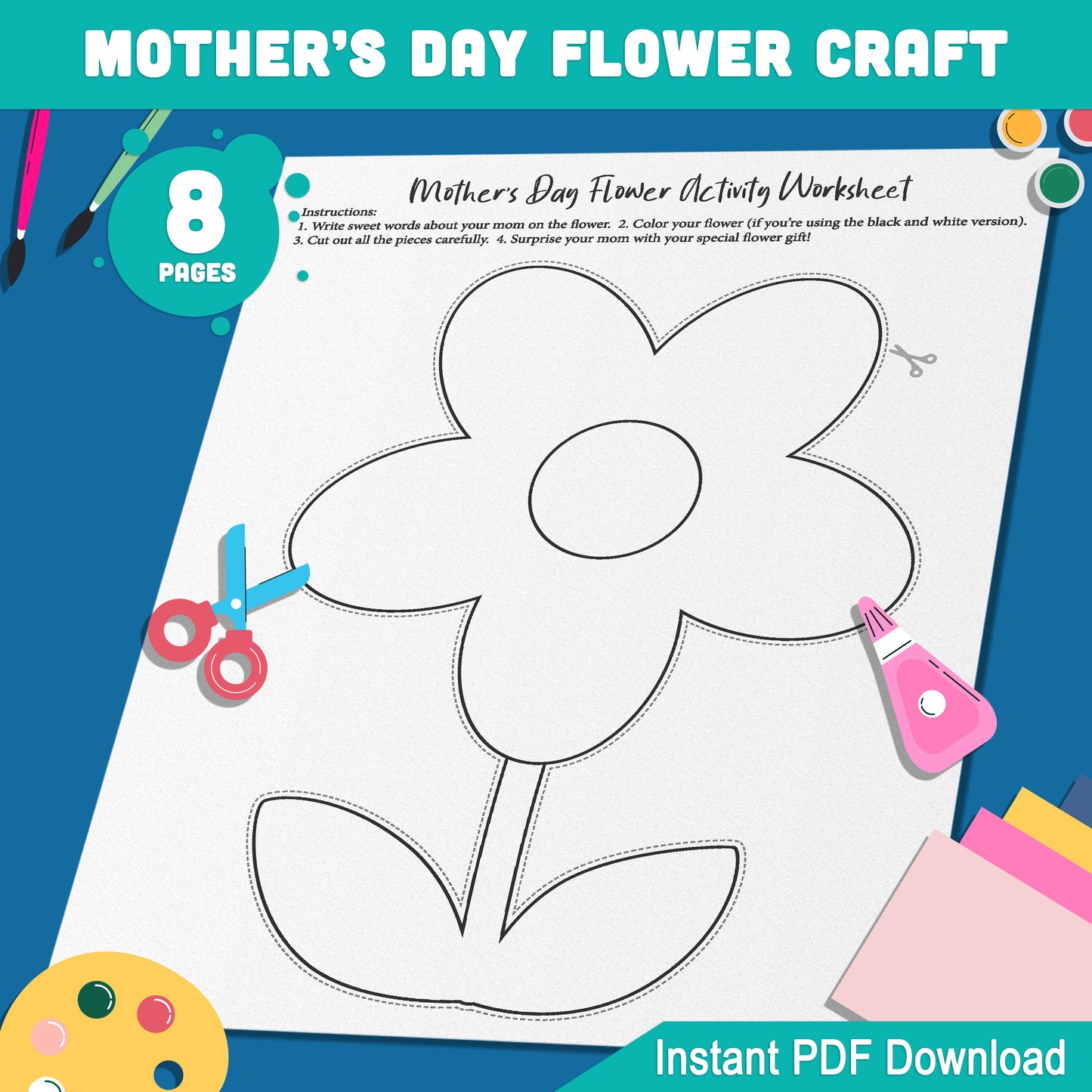 Mother’s Day Flower Activity for Kids – Write Sweet Words on the Flower, Pre-Colored & Black and White, Instant PDF Gift Download