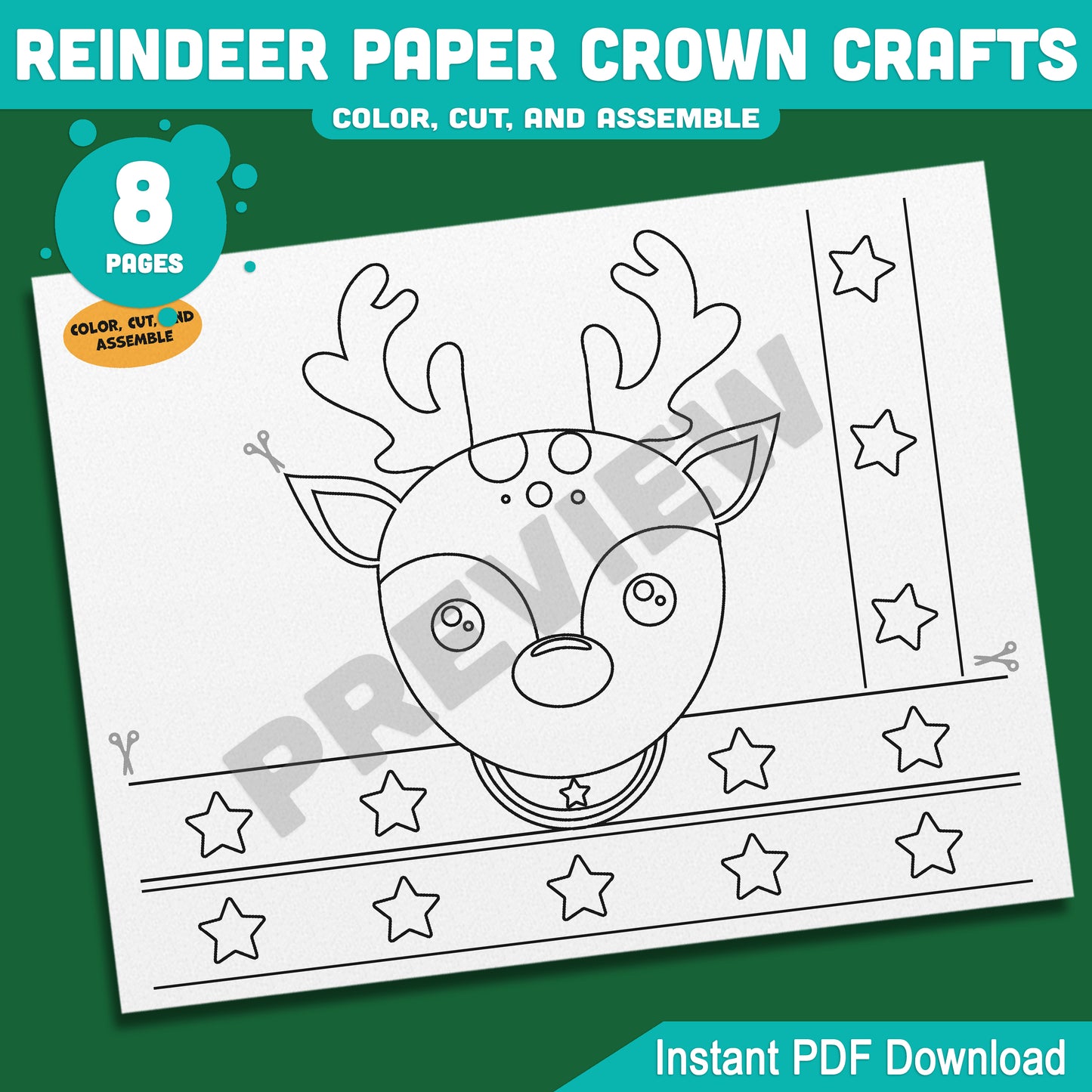 Printable Christmas Reindeer Paper Crown Crafts, Coloring Headband and Party Hat Activity, Winter Play Craft for Kids, 4 Designs, Pre-color + Black & White