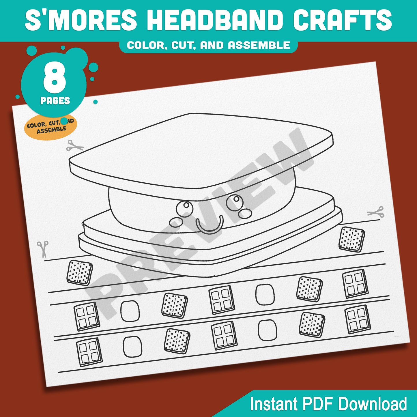 Printable S'mores Headband Crafts for Camping Theme β Fun Summer End of School Activity for Kids, 4 Designs, 8 Pages, Instant PDF Download