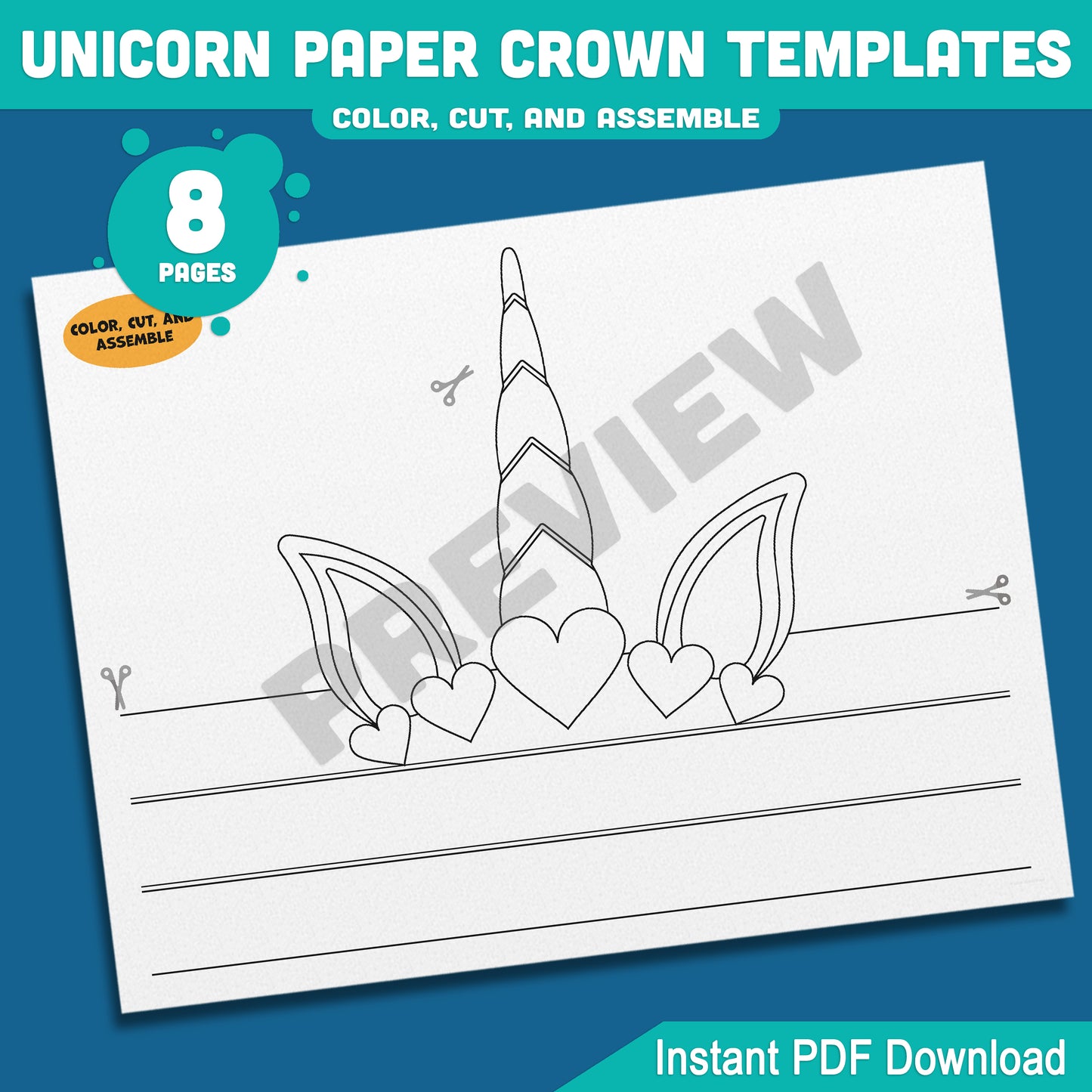 Unicorn Paper Crown Templates, Printable Headband Hat for Kids, 8 Pages, 4 Designs in Pre-Colored and Black & White, Instant PDF Download.