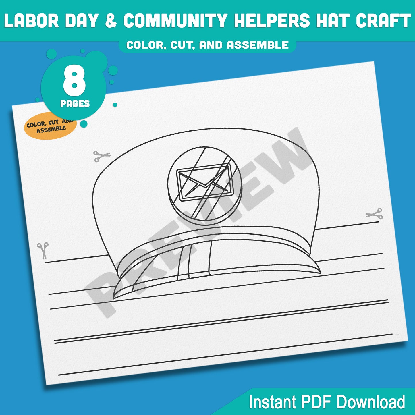 Labor Day Kids Craft – Community Helper Paper Hat Templates with 4 Crown Designs: Firefighter, Police, Mail Carrier & Construction