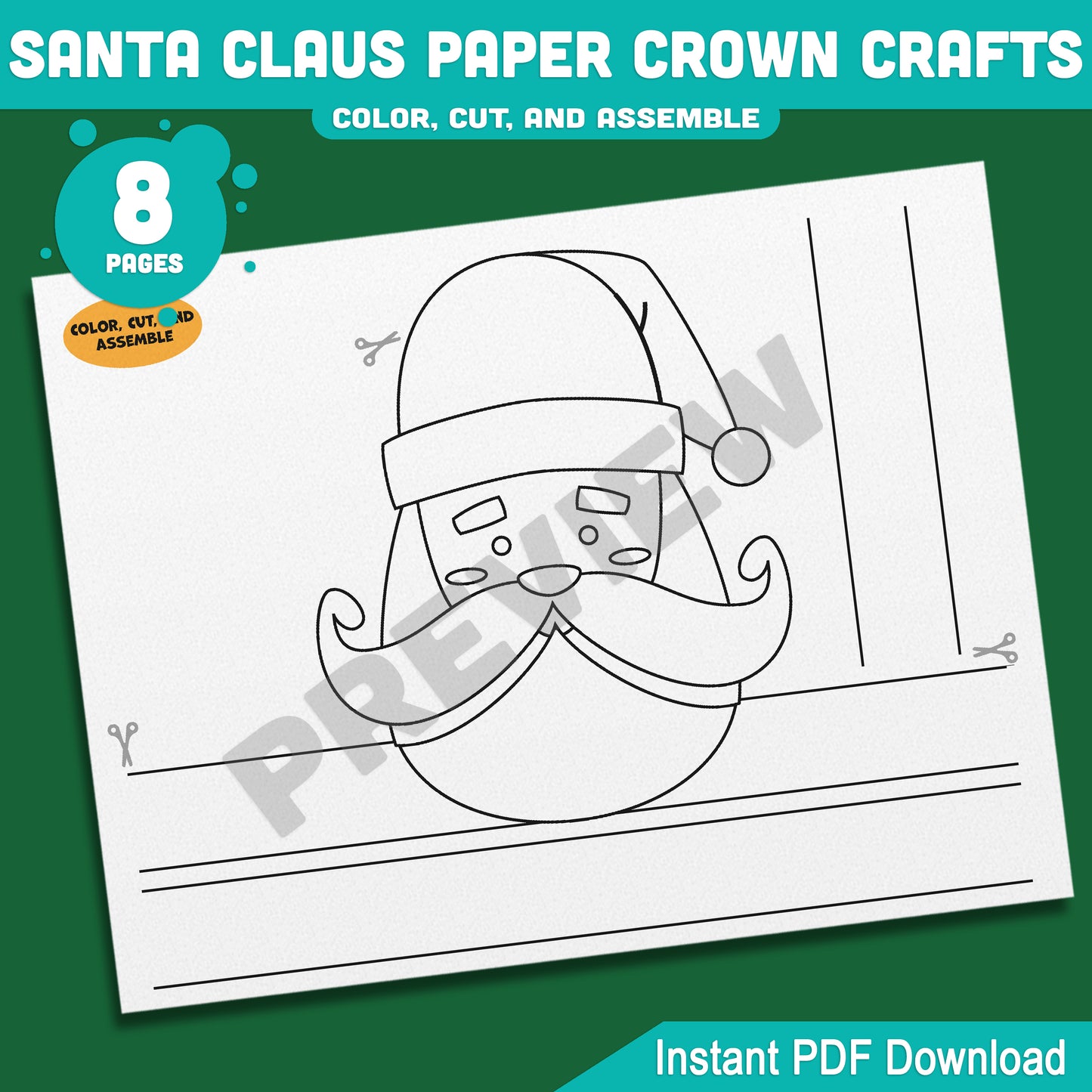 Printable Santa Claus Paper Crown Crafts, Christmas Coloring Headband and Hat Activity, Cut, Color & Wear, Perfect for Winter Party Fun, 4 Designs, Pre-color + Black & White, Instant PDF Download