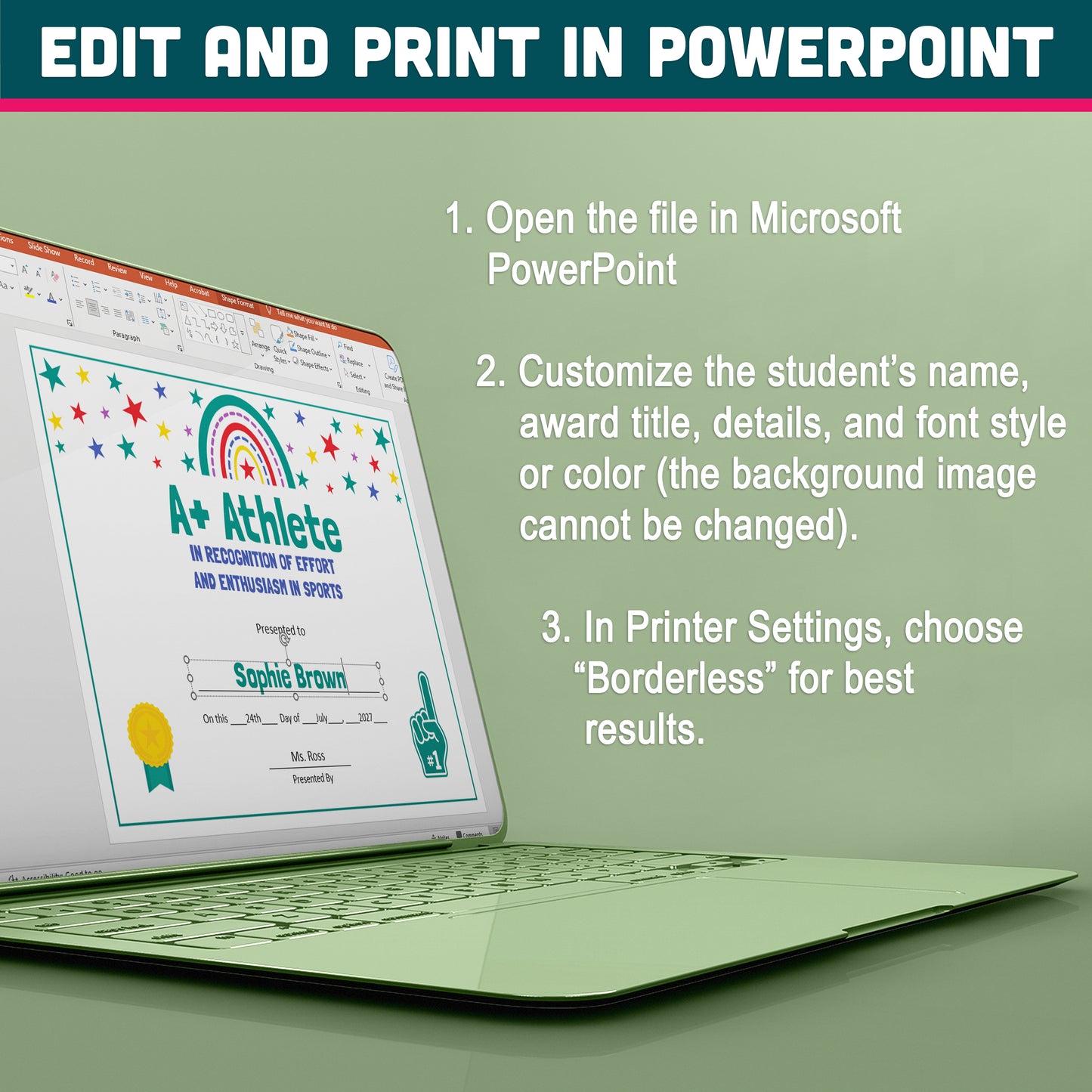 Custom Award Templates, Editable Student Certificates, 26 Printable Classroom Honors, PowerPoint Templates, Rainbow and Star Themed