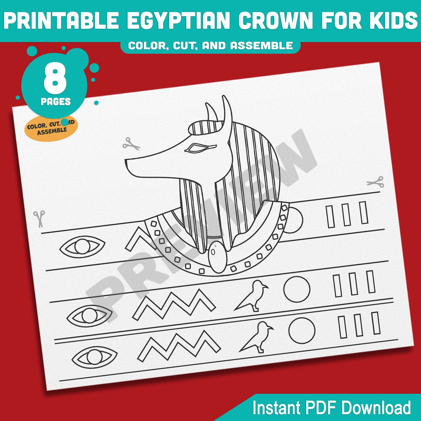Printable Egyptian Crown for Kids, Pharaoh Cleopatra Sphinx Anubis Paper Hat and Headband Crafts, Fun Color Cut & Wear Activity, 5 Designs, PDF
