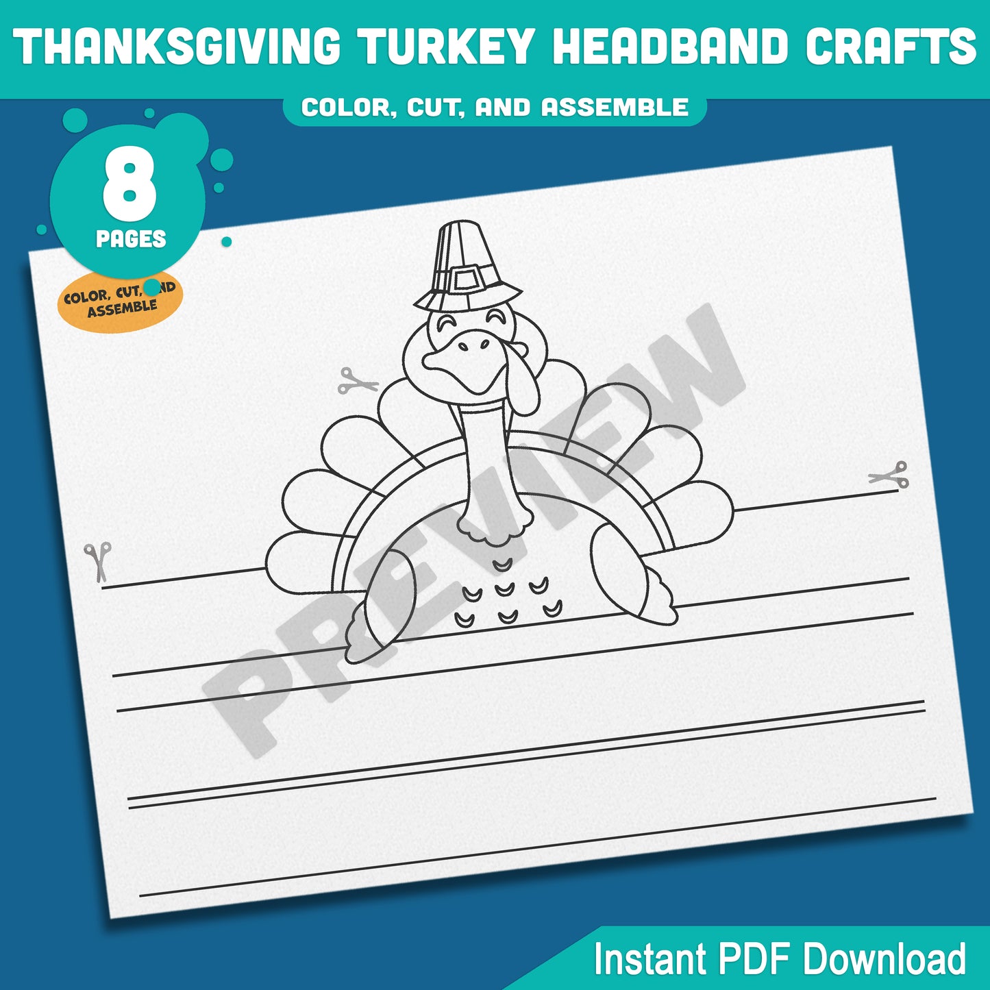 Printable Thanksgiving Turkey Headband Crafts, Fall Paper Crown Hat for Kids, Color, Cut & Wear Autumn Activity, 5 Turkey Designs, Pre-colored + Black & White, PDF