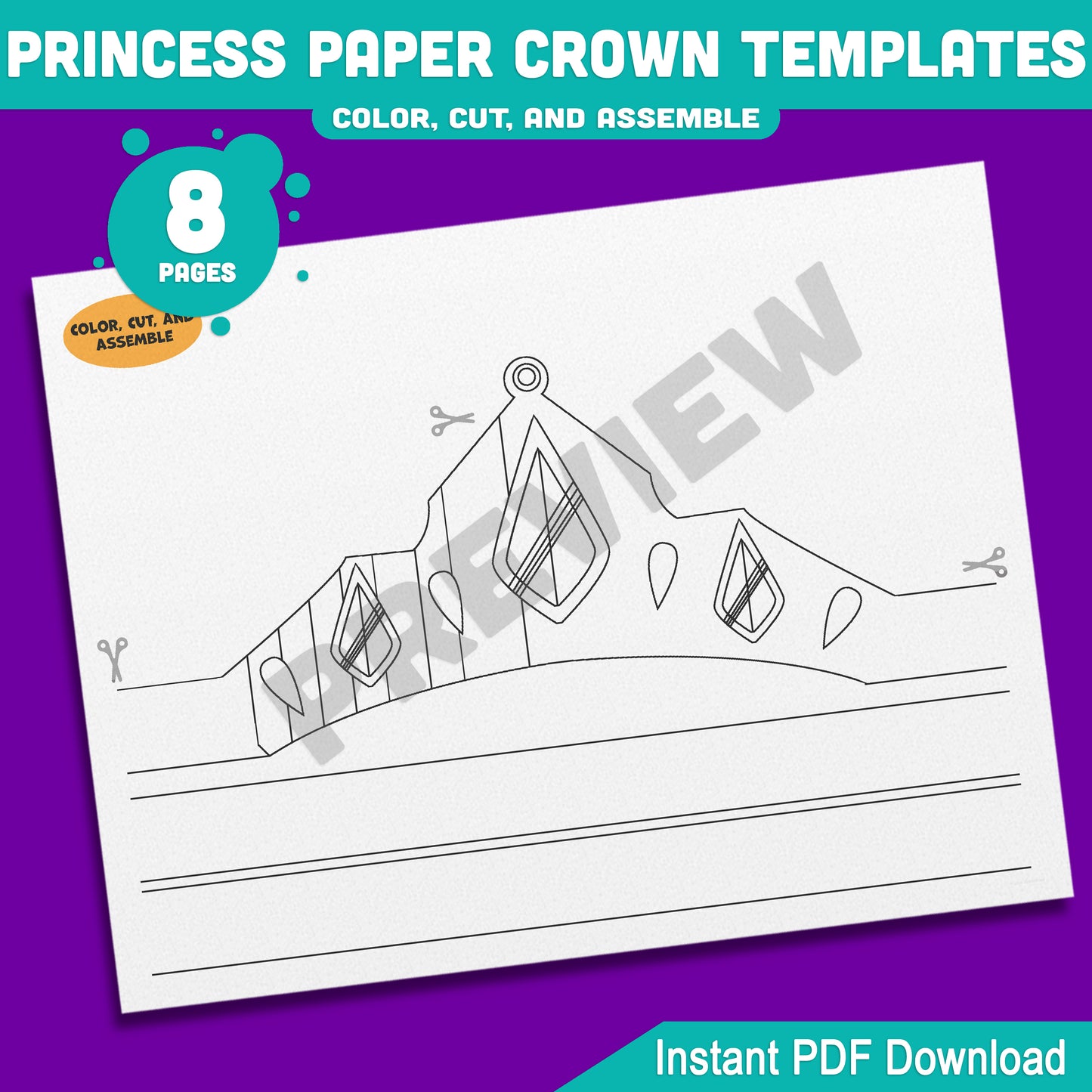 Princess Paper Crowns – 4 Printable Tiara and Royal Hat Designs for Kids, in Color and Black & White, Fun Headband Craft, 8 Pages