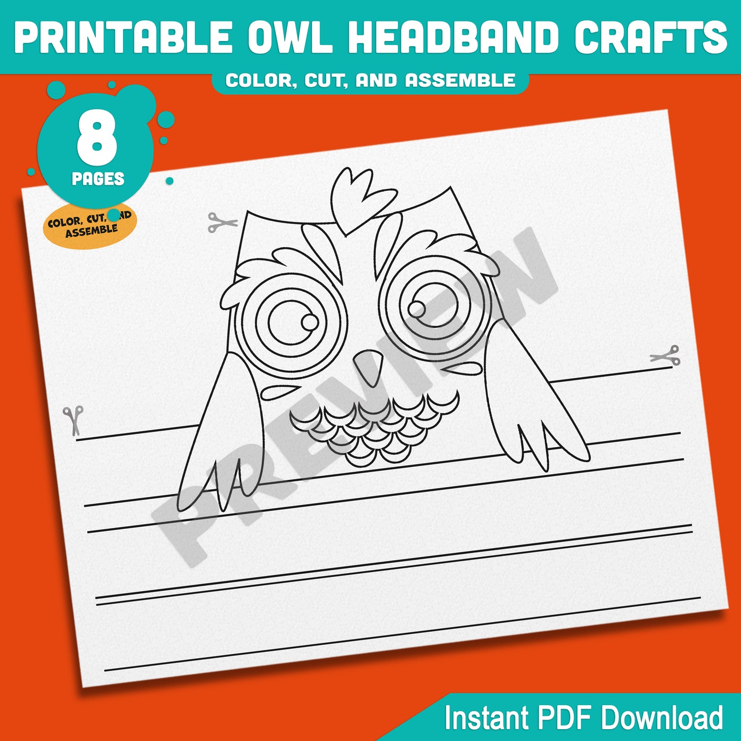 Printable Owl Headband Crafts, Autumn Paper Crown Hat Activity, Fun Cut, Color & Assemble Craft for Kids, 5 Owl Designs, Pre-colored + Black & White, PDF Download