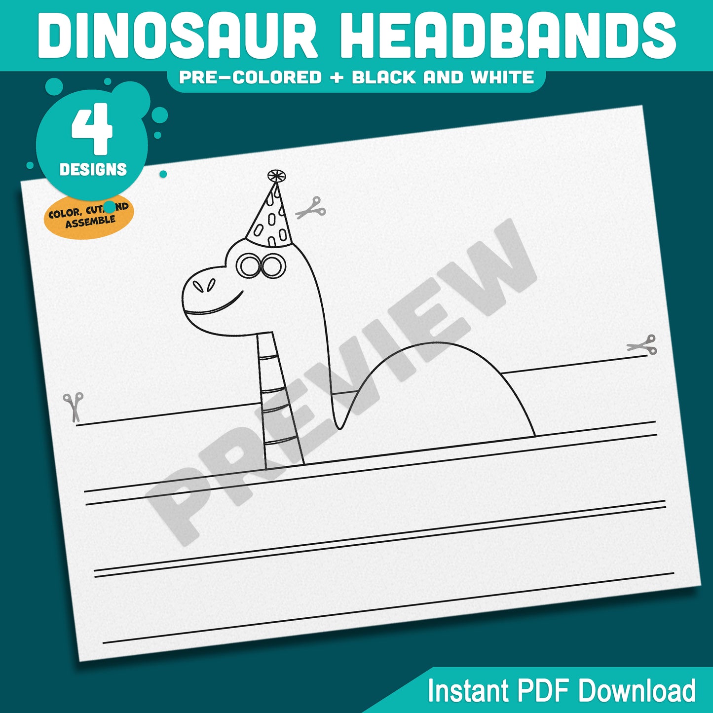 Dinosaur Birthday Headbands, Printable Paper Crowns, Color Your Own Party Hats, Wearable Dinosaur Craft, 4 Designs, US Letter, A4
