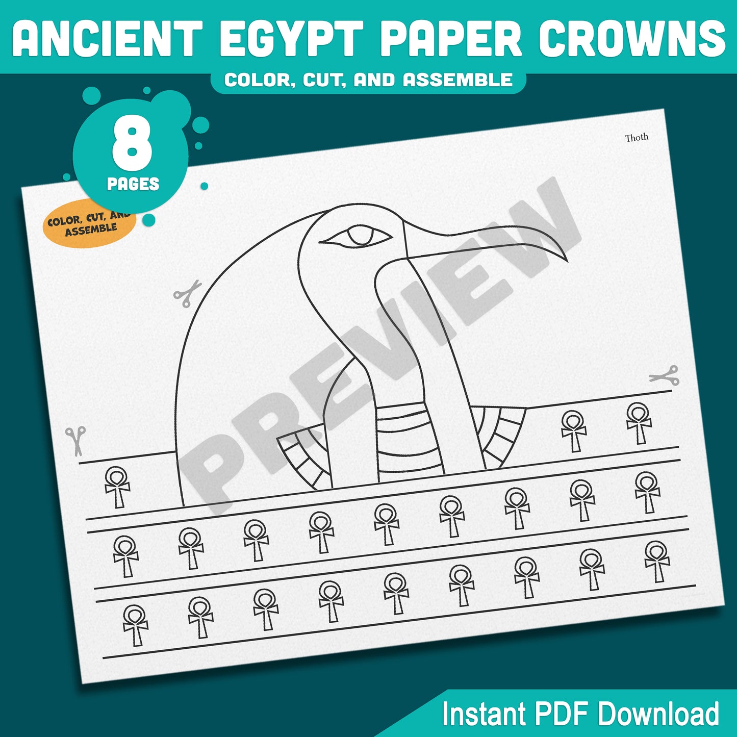 Ancient Egypt Crown Templates – Fun Printable Kids Craft with Pharaoh, Cleopatra, Anubis & Thoth Designs, Easy DIY Headbands, PDF Instant