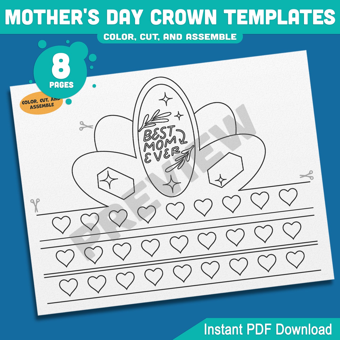 Mother’s Day Crown Craft Templates – 4 Lovely Printable Designs for Kids to Color, 8 Pages, Perfect for Mom’s Special Day, PDF Download