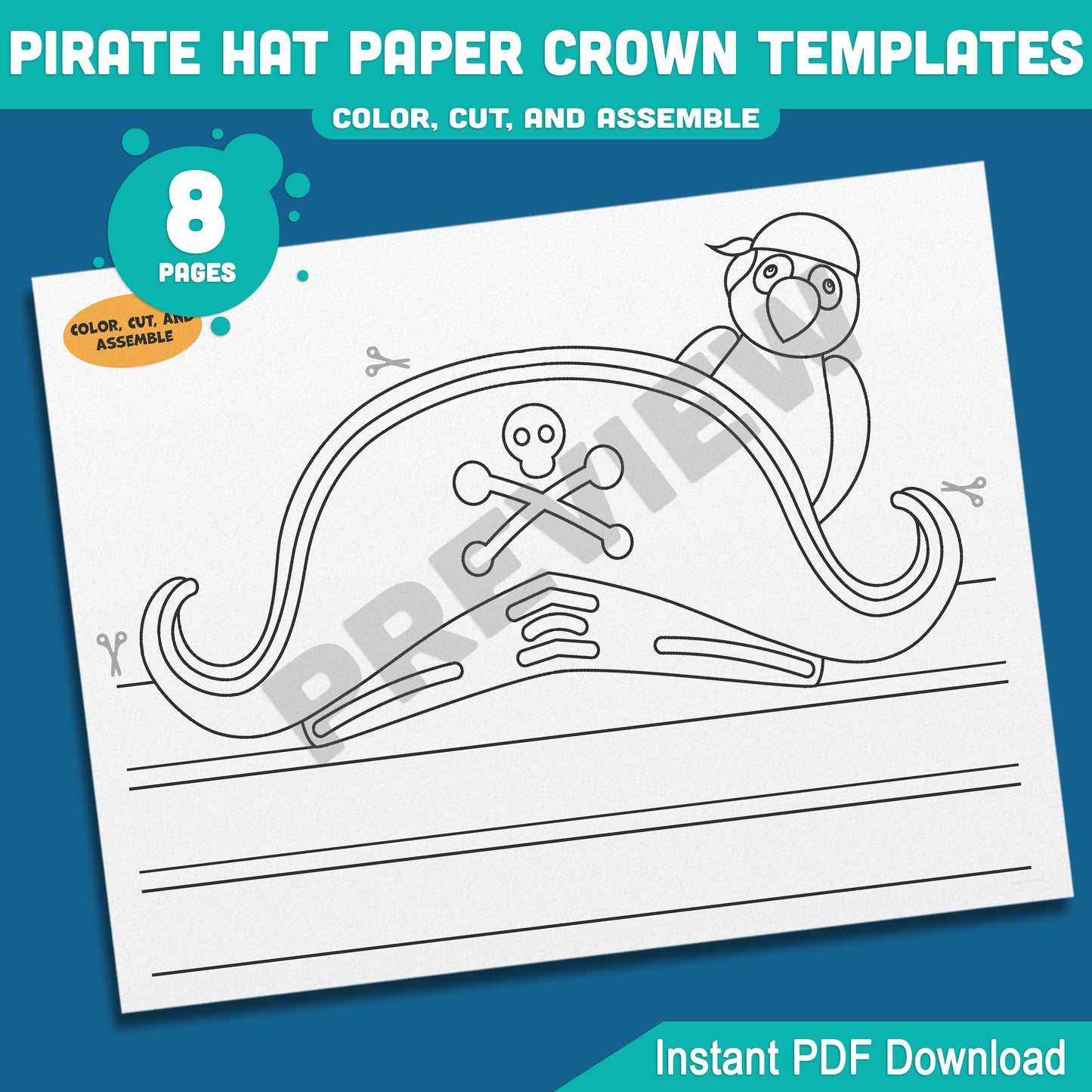 Pirate Hat Craft for Kids, Printable Paper Crown Headband with 4 Fun Designs in Color & Black-and-White, Easy DIY for Parties & Playtime