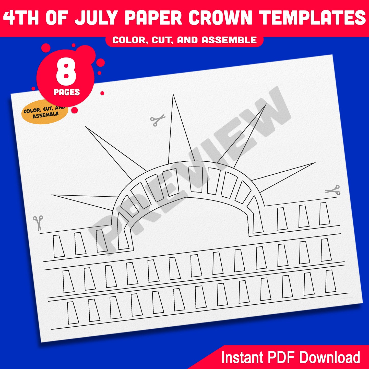 Independence Day Paper Crowns – 4 Printable USA-Themed Hat Designs for Kids in Color & Black & White, Fun Craft for July 4th, 8 Pages