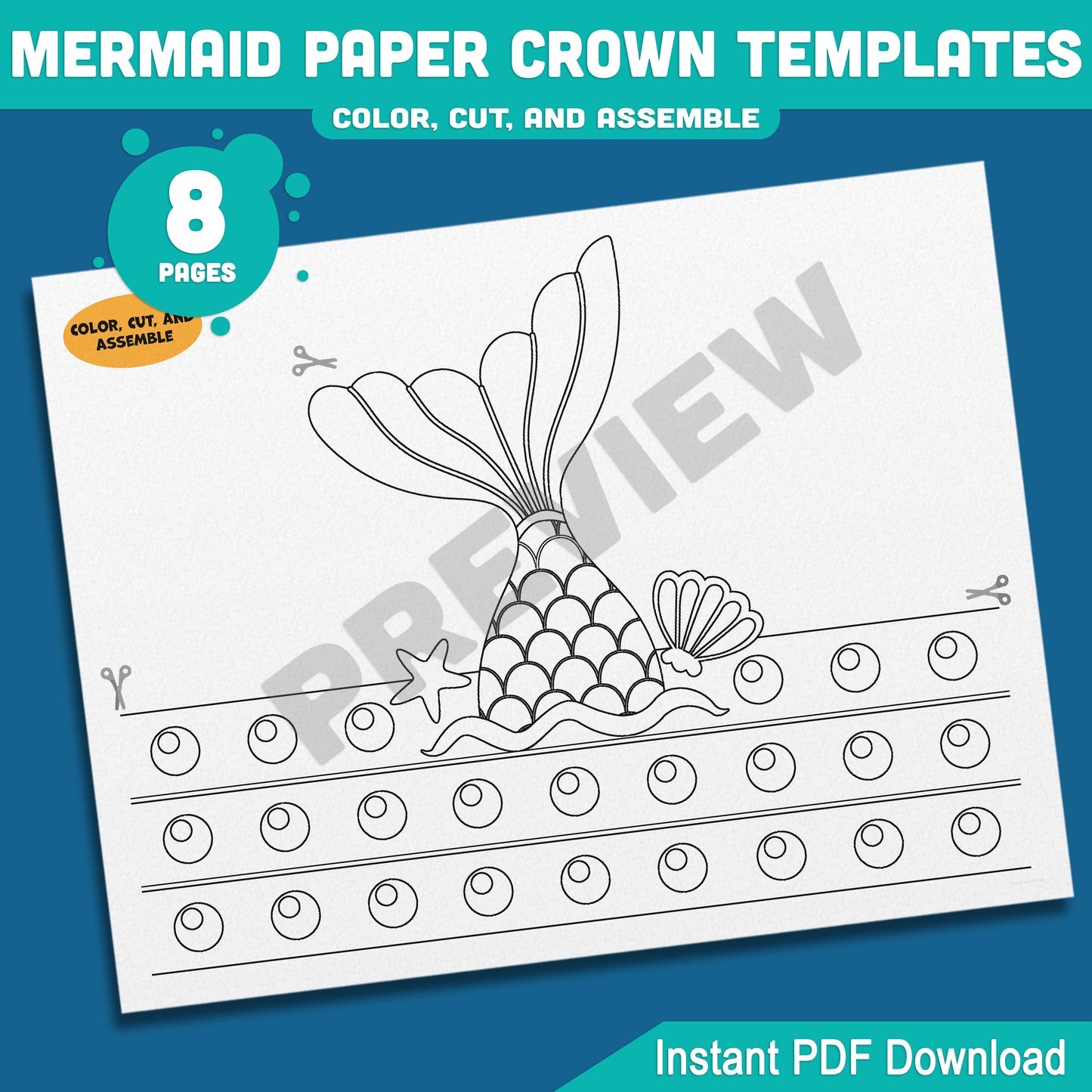 Mermaid Paper Crown, Hat, and Headband Craft for Kids – Fun Printable Designs in Color & Black and White, Instant 8-Page PDF Download