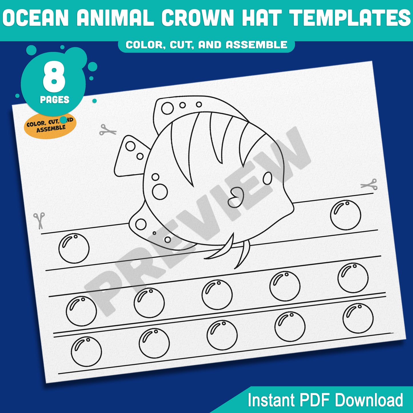 Ocean Animal Crown Hat Templates, Fun Printable Headband Craft for Kids – 8 Pages with Pre-Colored + Black & White, PDF for Teachers & Parents
