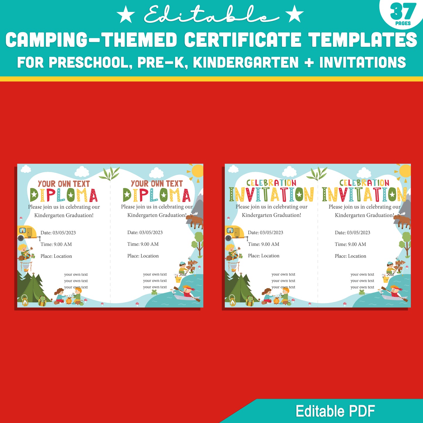 Preschool to Kindergarten Camping Certificate Pack β 37 Editable Templates with Diplomas & Invitations, Fun Outdoor Theme PDF Download