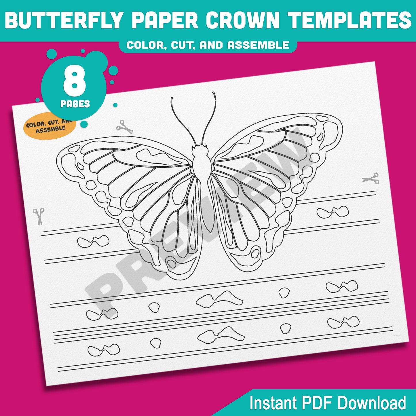 Printable Butterfly Paper Crowns – 4 Adorable Designs for Spring Headband Crafts, Pre-Colored + B&W Versions, 8 Pages for Kids