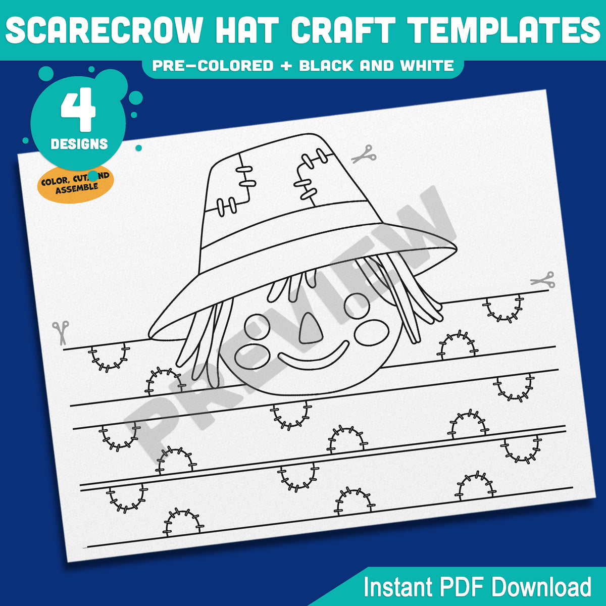 Scarecrow Hat Craft Templates, Autumn Paper Crown, Printable Headband & Hat, Pre-Colored and Black & White, Fall Craft, 4 Designs, A4, US Letter