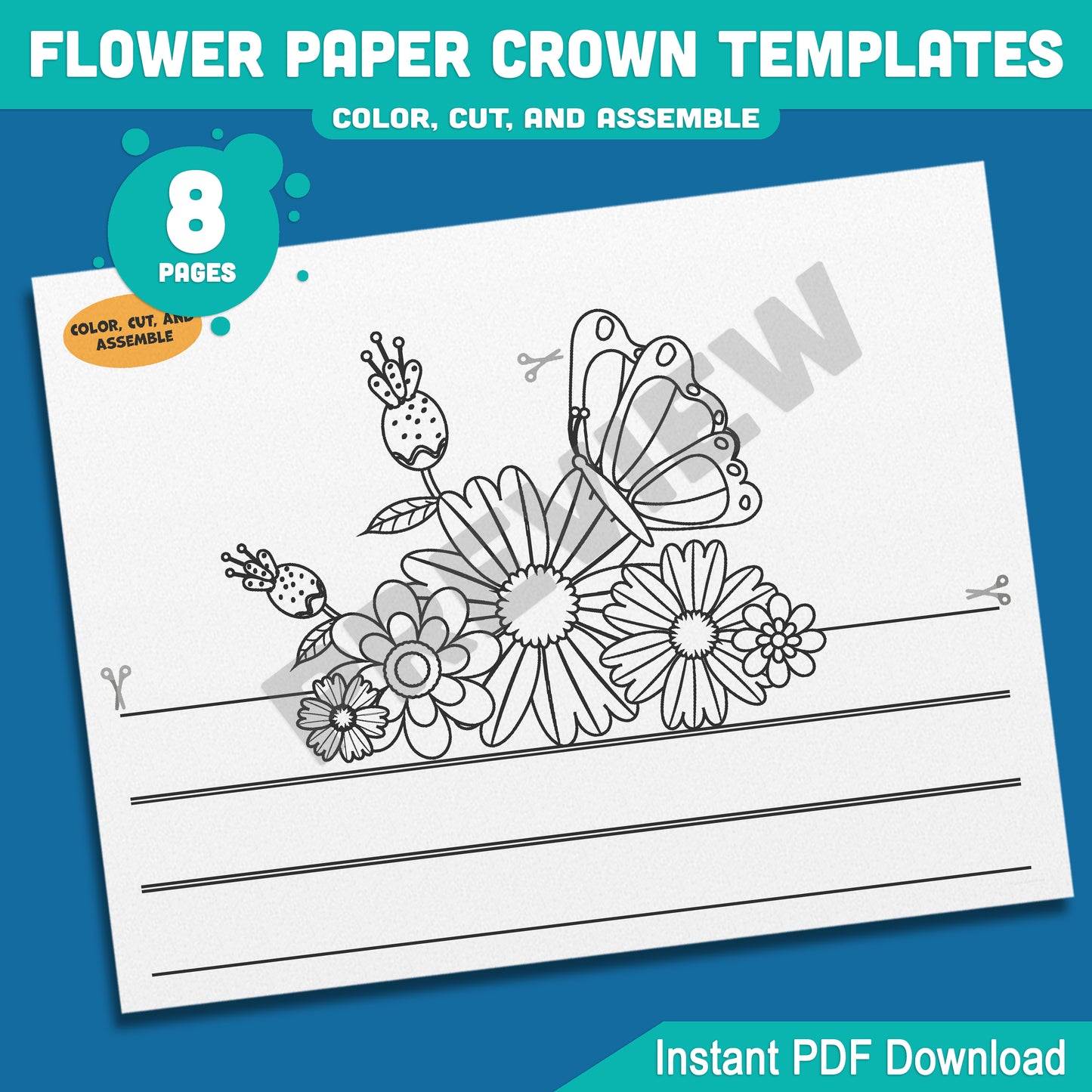 Spring Flower Paper Crown Templates: 4 Cute Hat Designs for Kids in Color and Black & White, Fun Printable Headbands, 8 Pages PDF