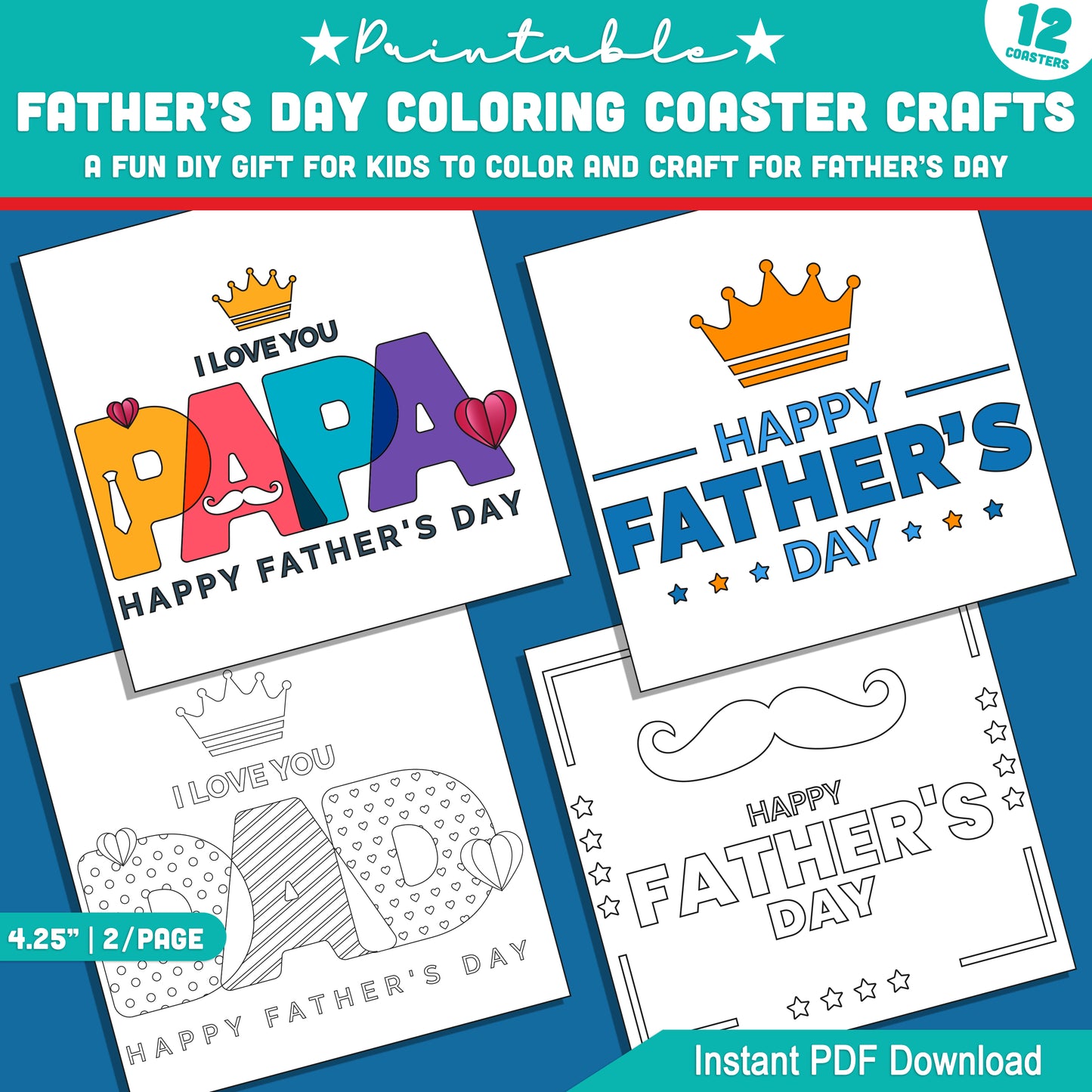 Father’s Day Coloring Tile Coasters – Printable Craft for Kids, 12 Designs, Perfect Gift for Dad, 2 Coasters per Page, Instant PDF Download