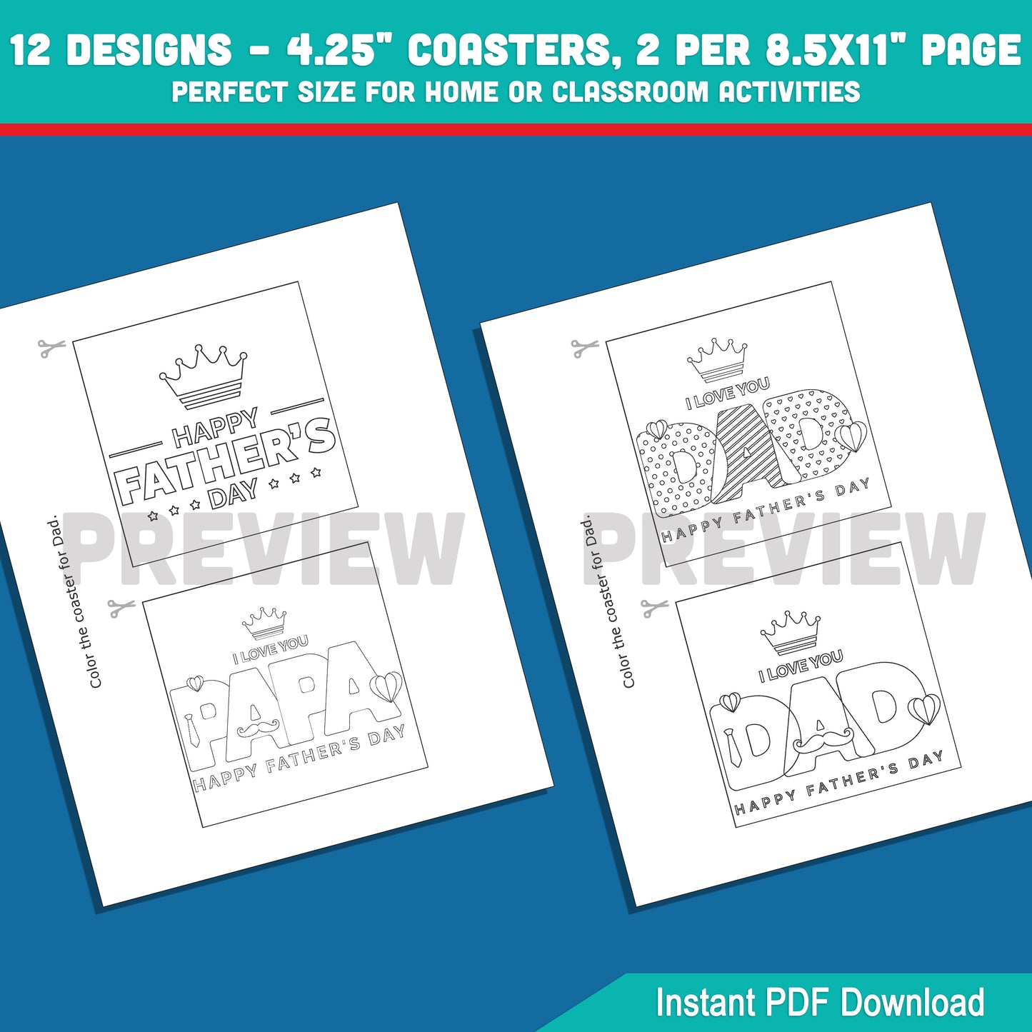 Father’s Day Coloring Tile Coasters – Printable Craft for Kids, 12 Designs, Perfect Gift for Dad, 2 Coasters per Page, Instant PDF Download
